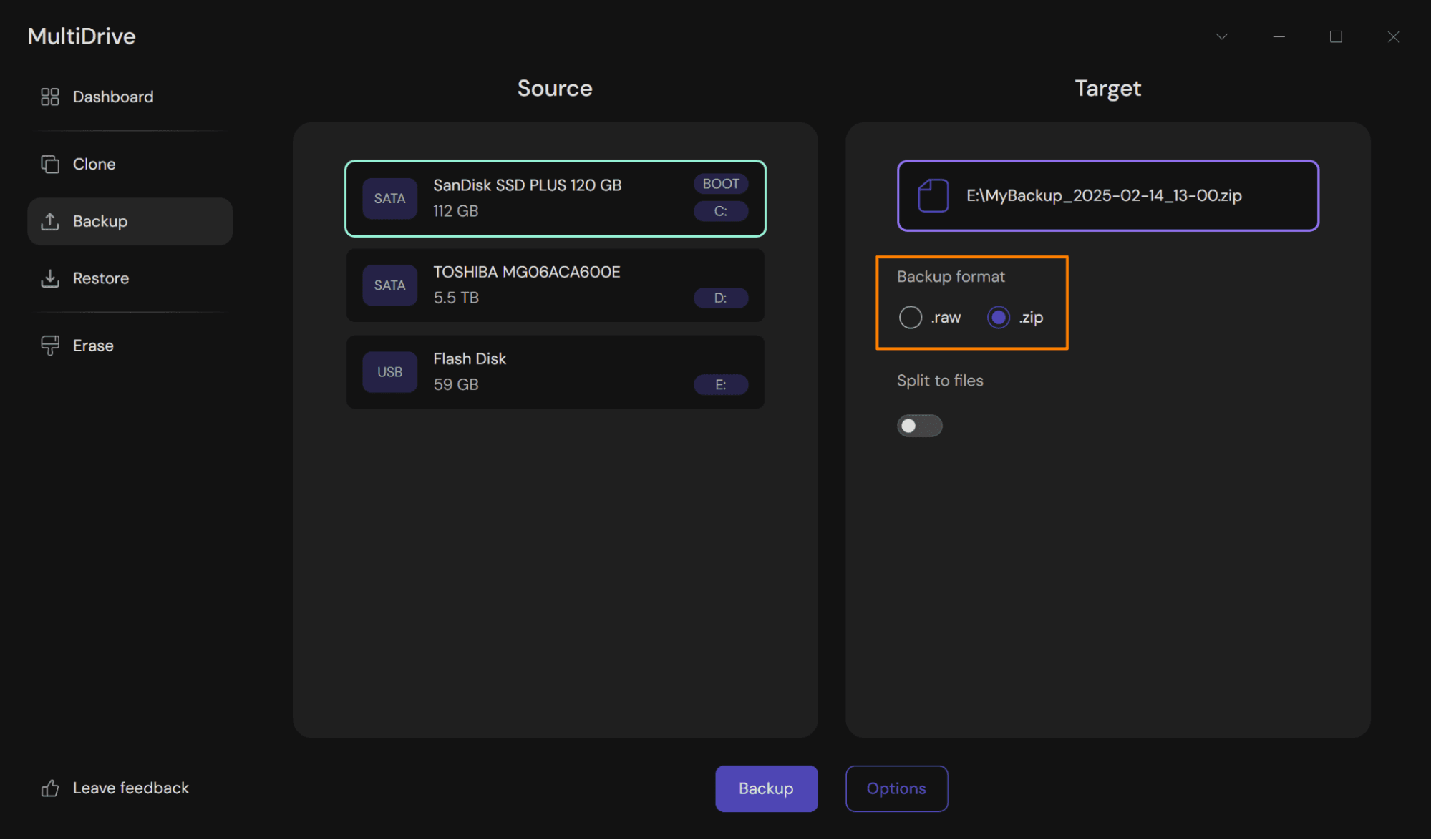 Select backup file format: ZIP or RAW