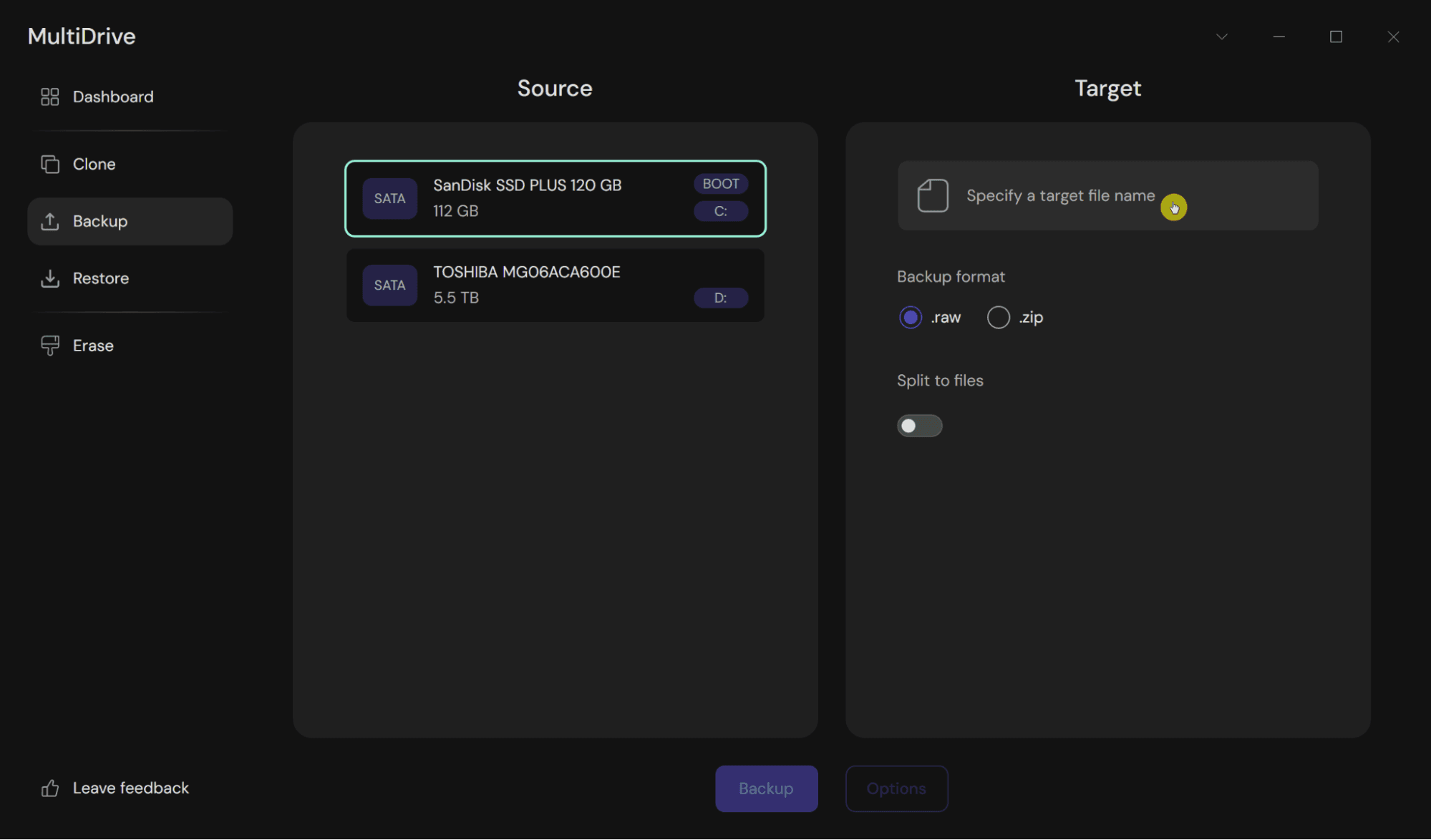 Select target file to store a backup