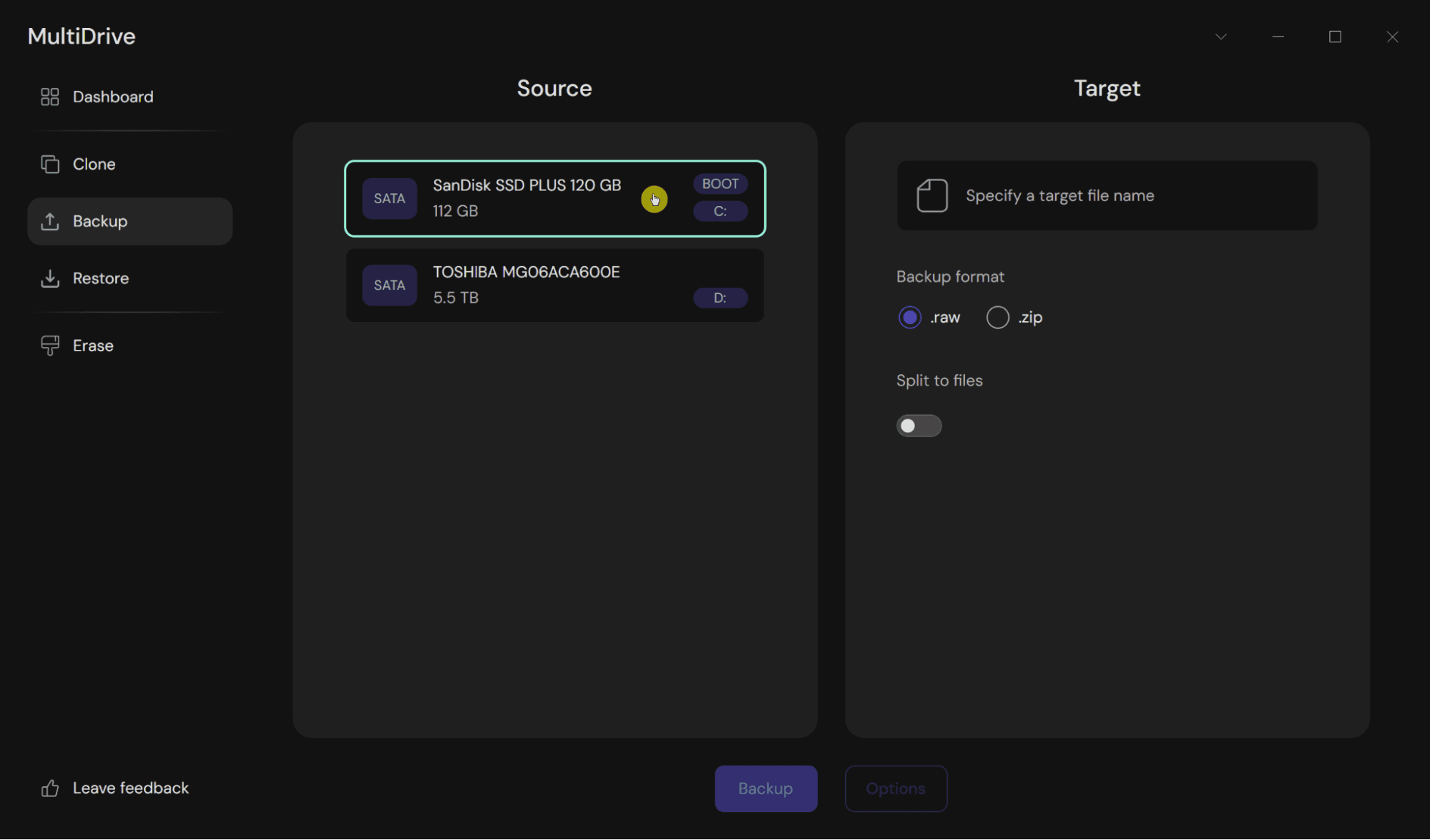 Select source drive for backup