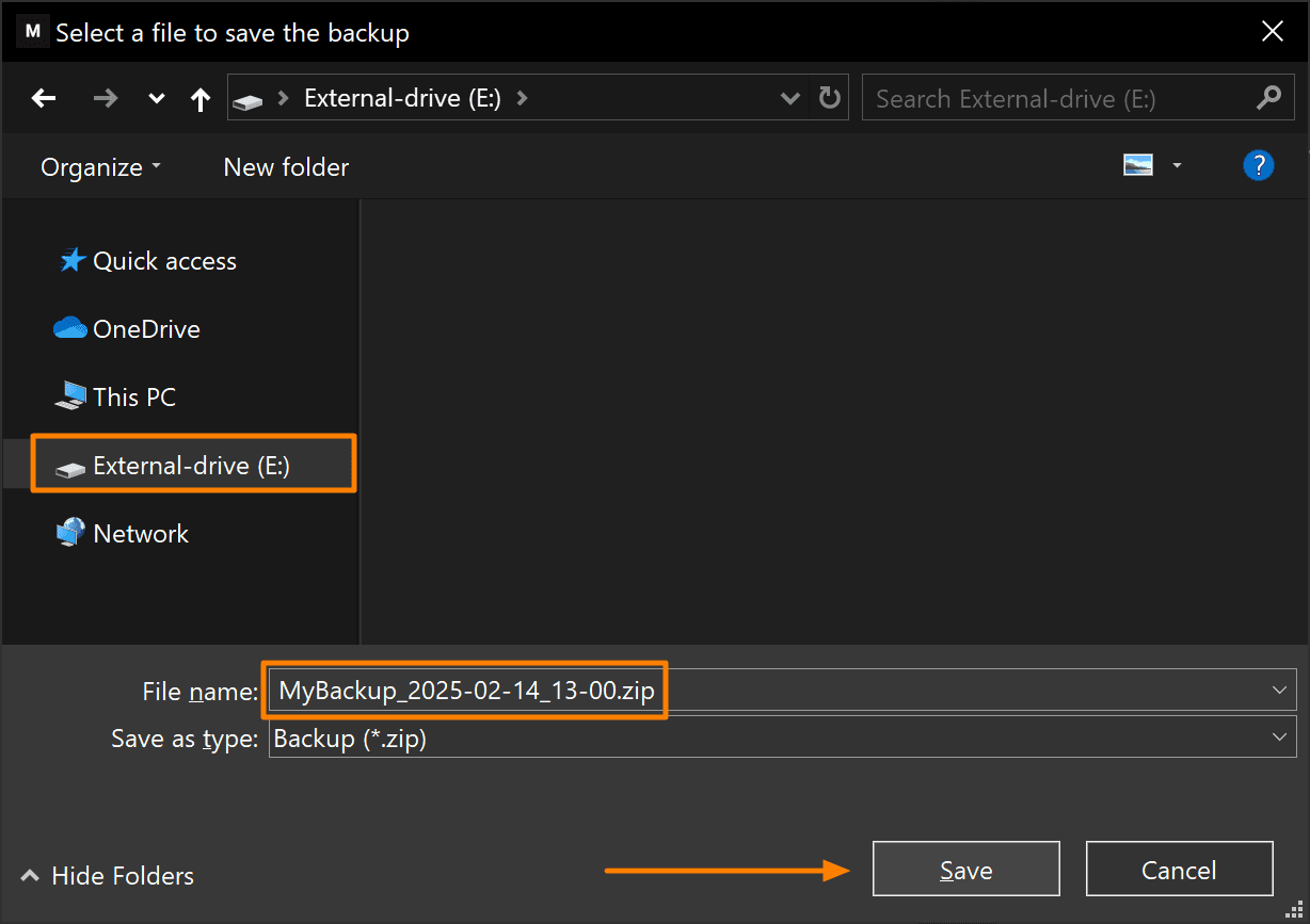 Specify a file name for backup