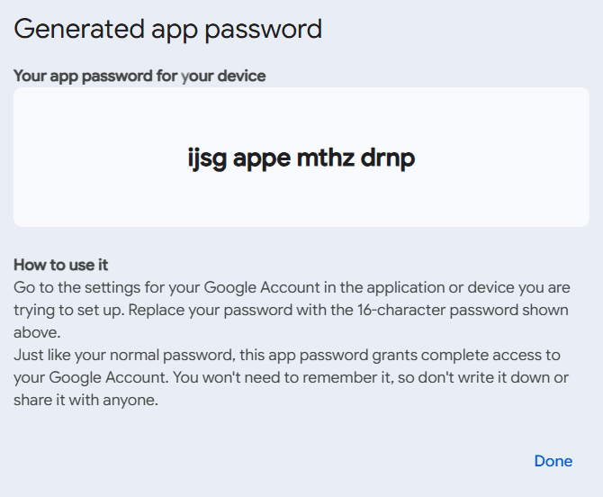 Generated app password