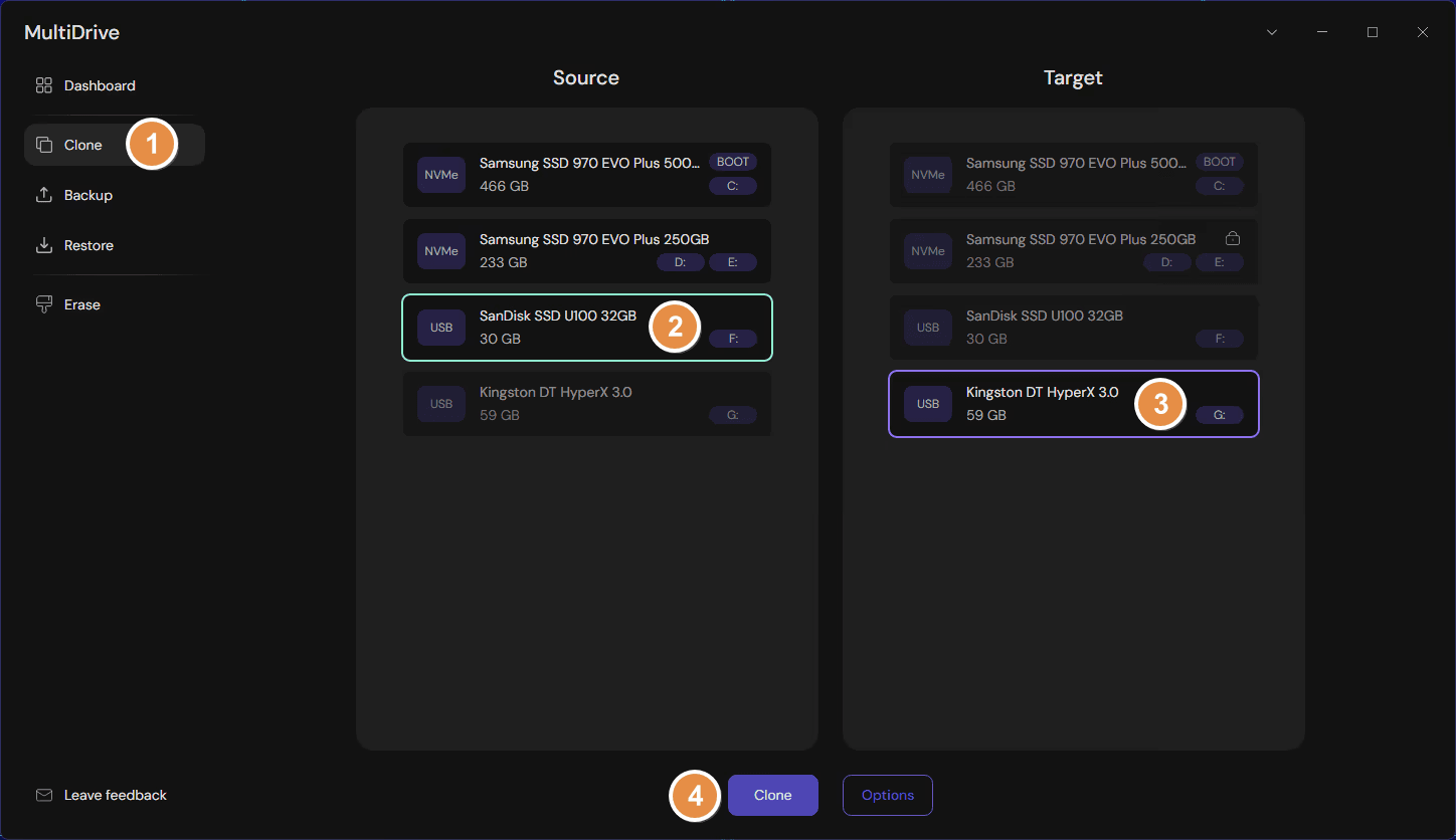 How to clone a drive with MultiDrive