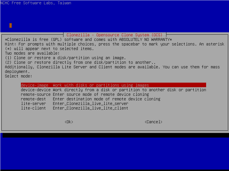Clonezilla Live text-based dashboard