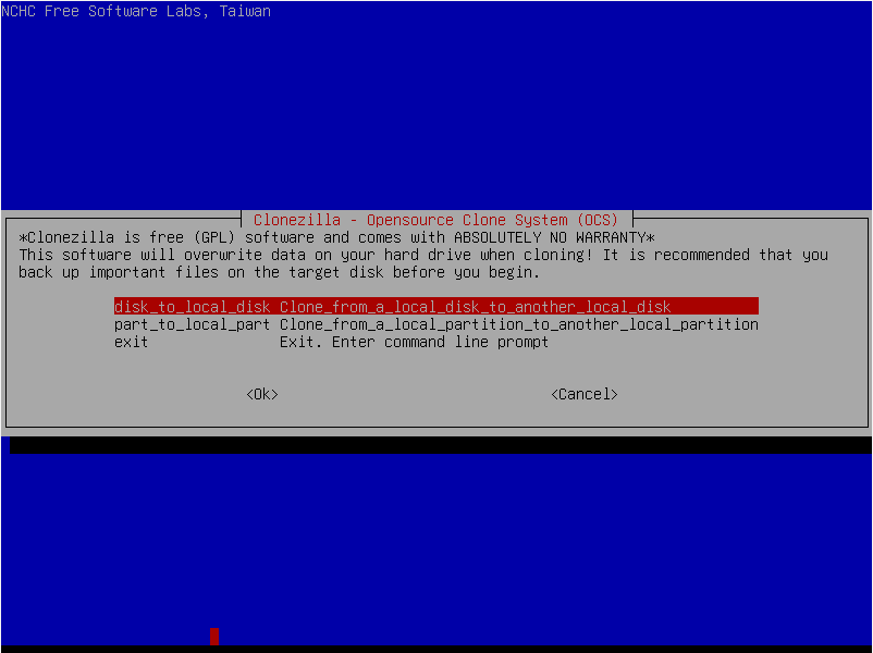 Choosing Source and Target drives in Clonezilla