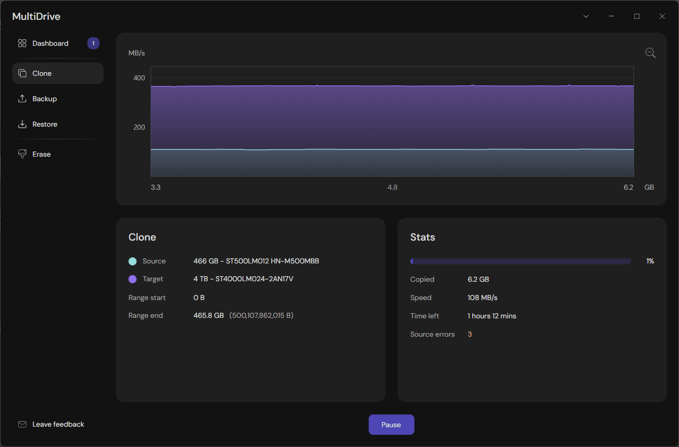 MultiDrive lets you pause any operation mid-run — cloning, backup, or wiping.