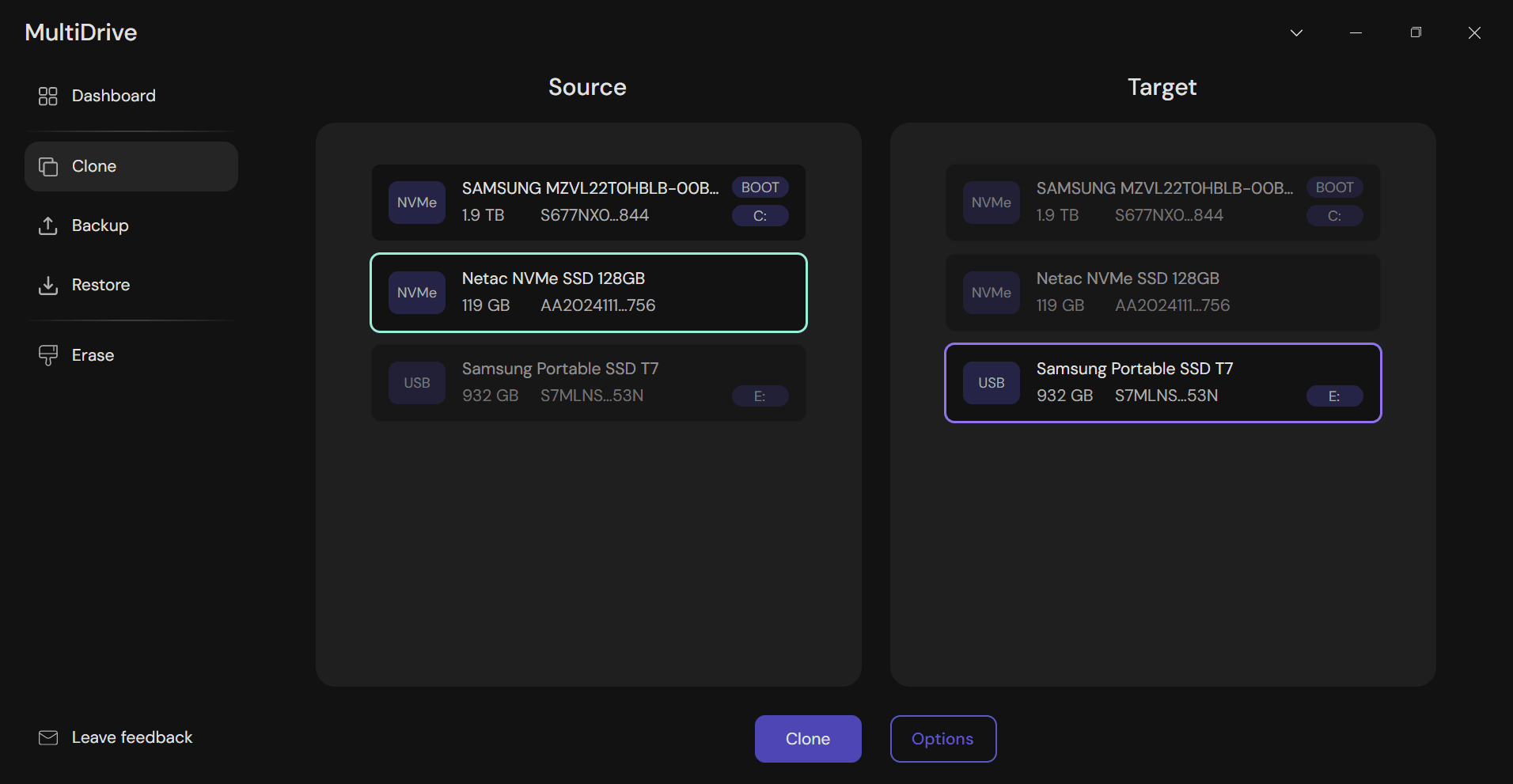 Cloning with MultiDrive. Choose Source and Target drives to start.