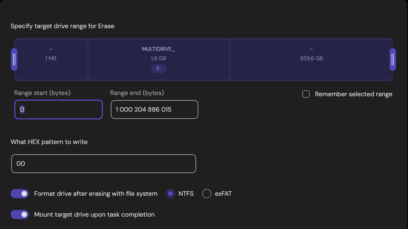 MultiDrive wipe options: pattern and filesystem selection.