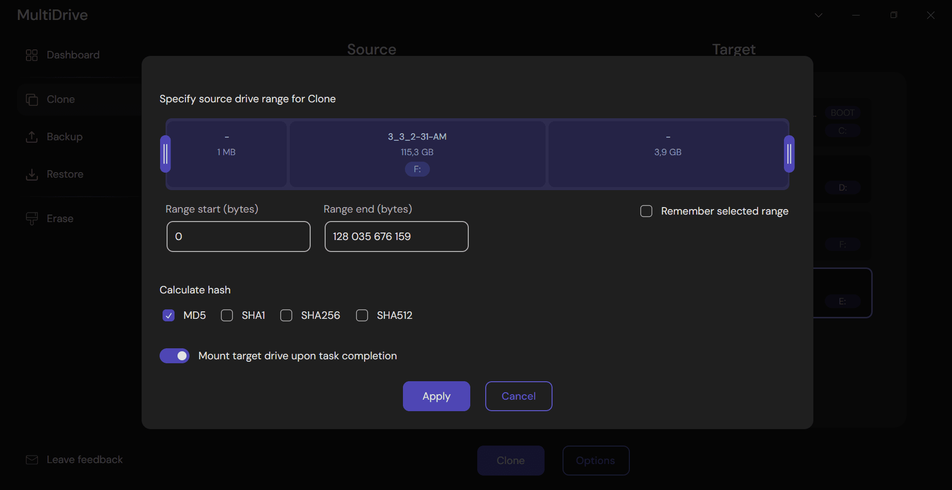 MultiDrive Options menu: partition and range cloning settings.