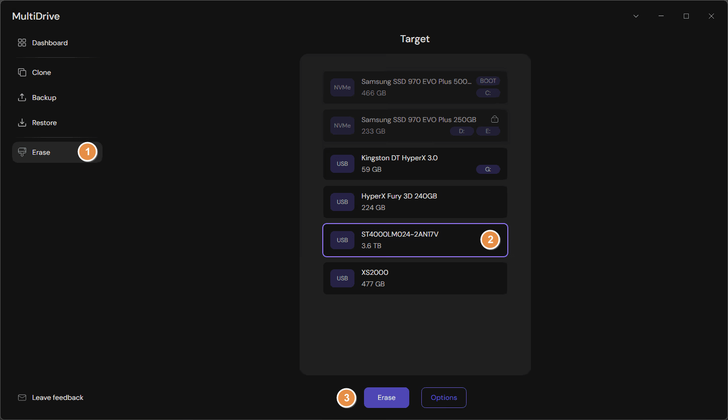 How to erase a drive with MultiDrive