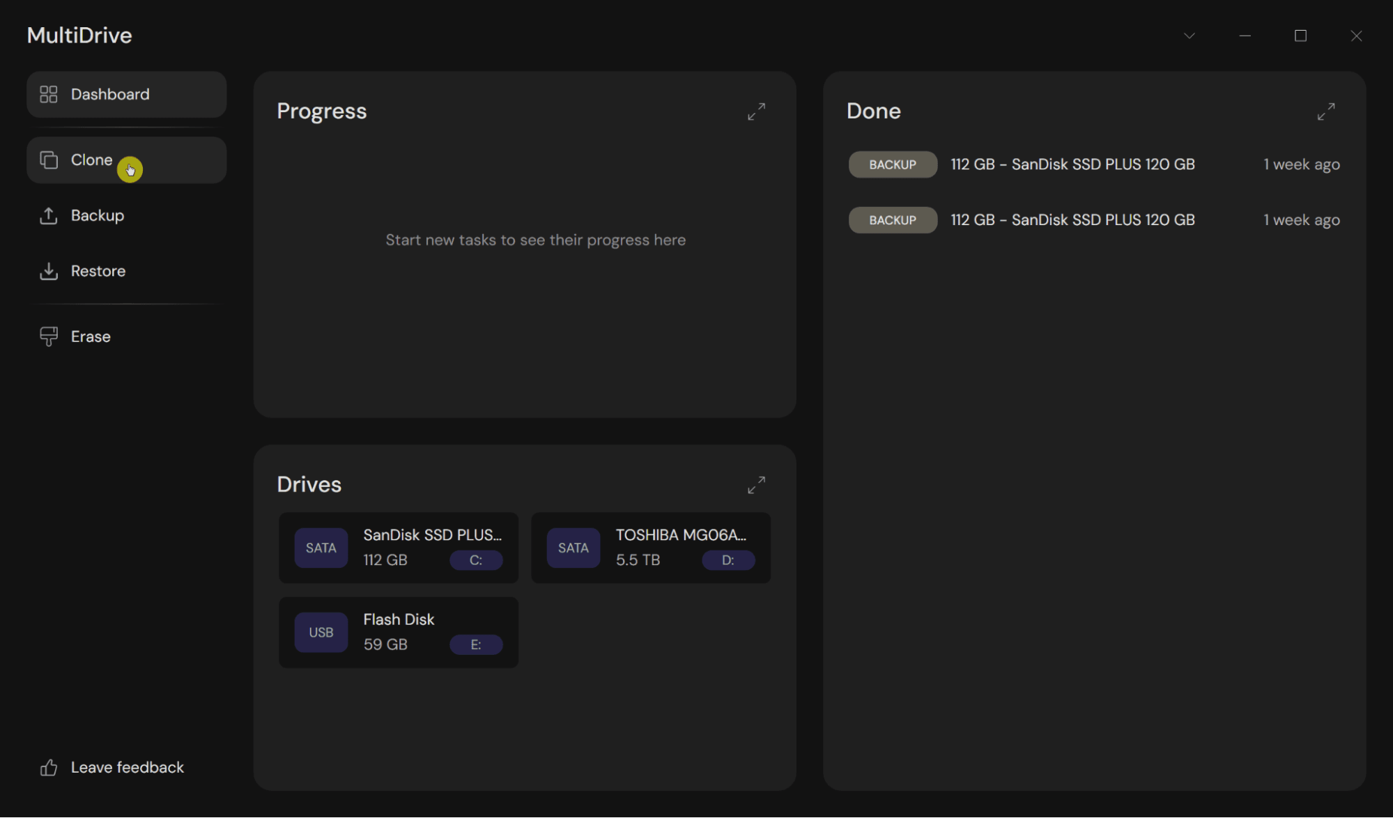 Select Clone option in MultiDrive