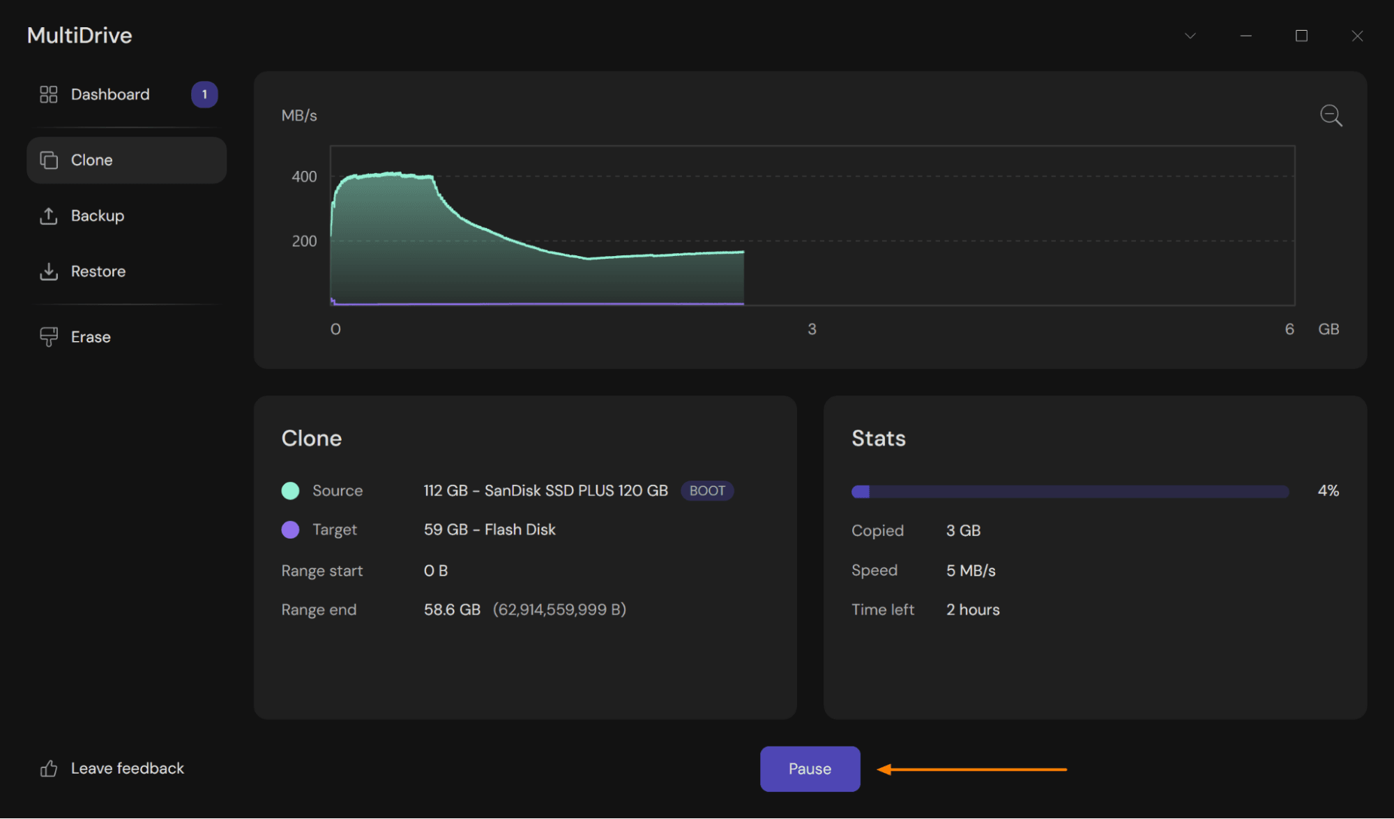 Pause disk cloning process