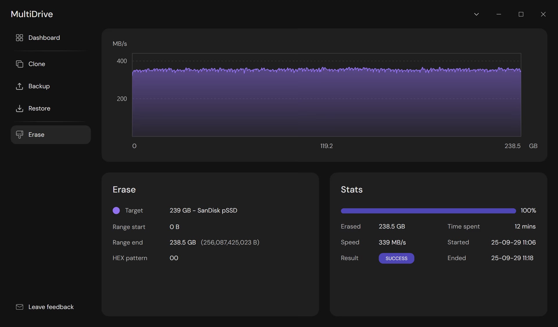Step 9 - Erase task completed successfully with Stats showing Success