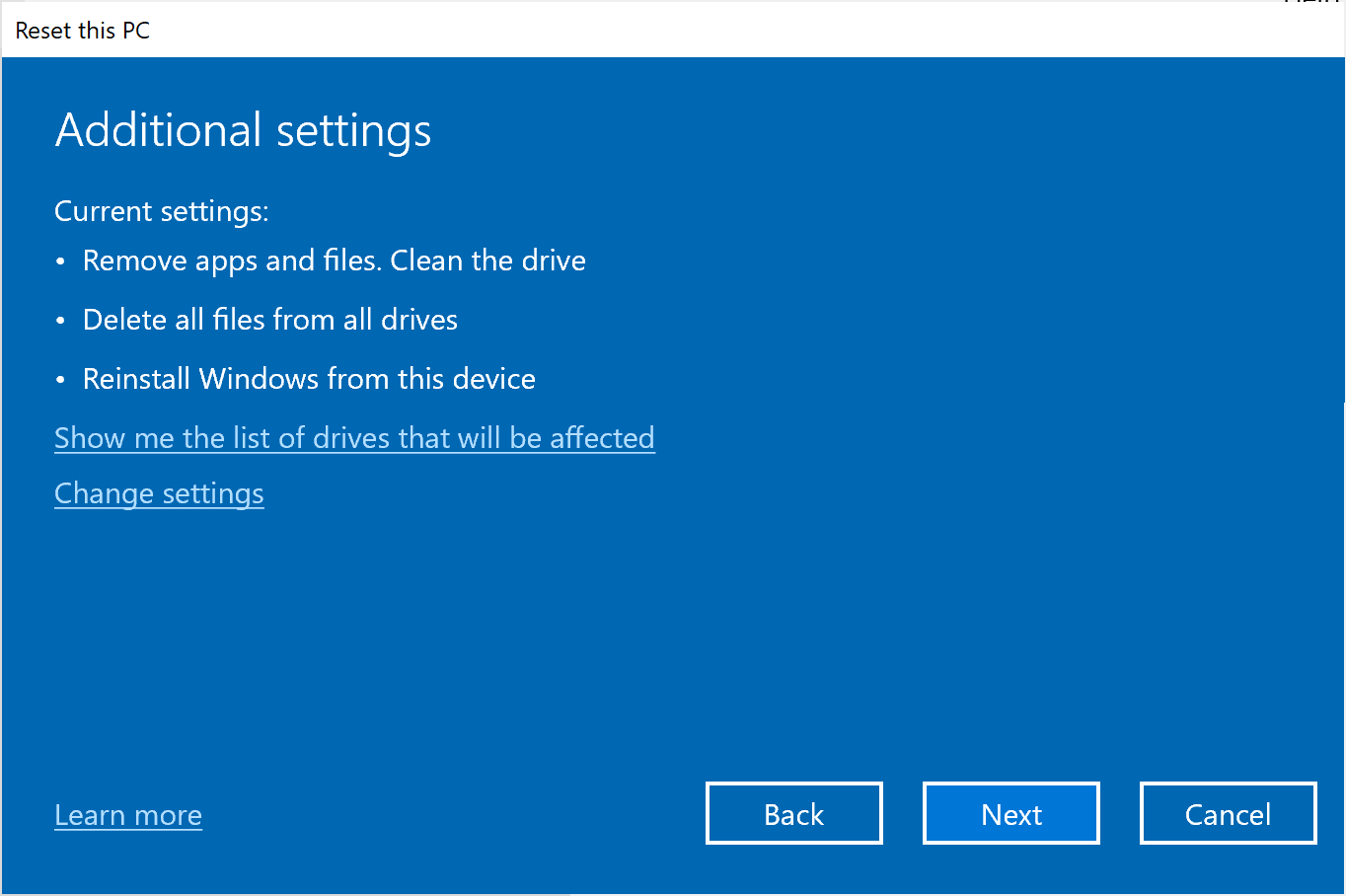 Windows Reset your PC - Check all settings