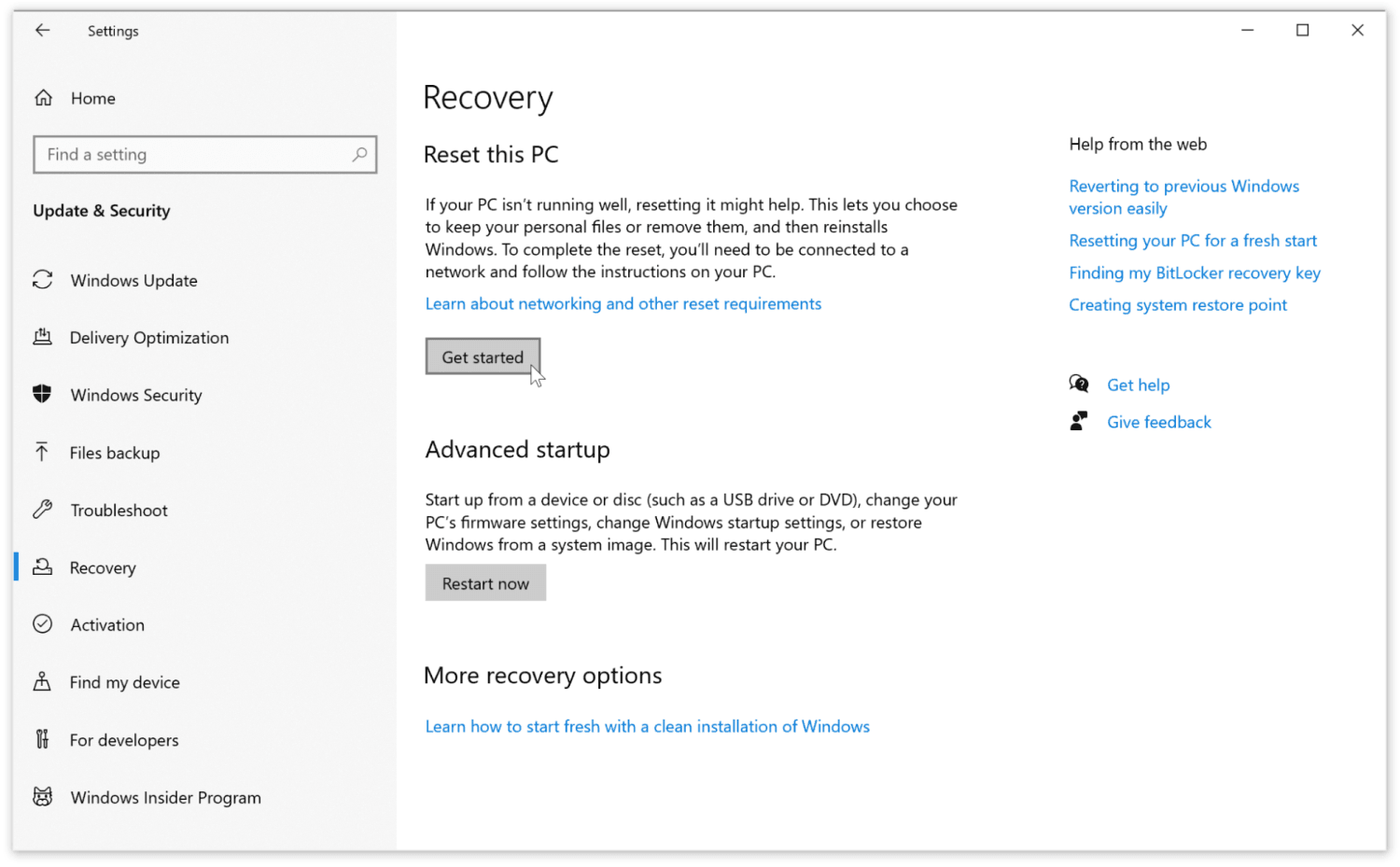 Windows Reset your PC interface