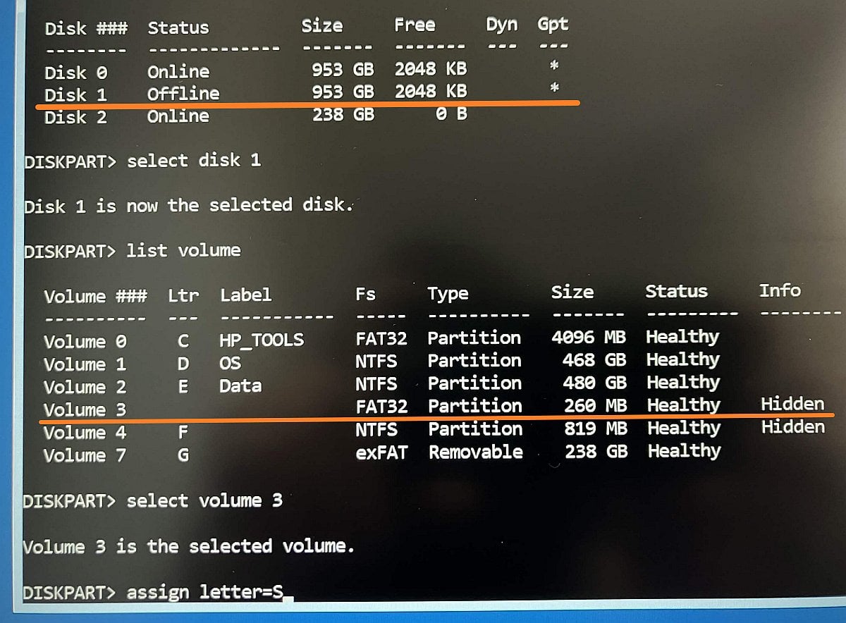 Assigning the letter to the volume with the diskpart utility