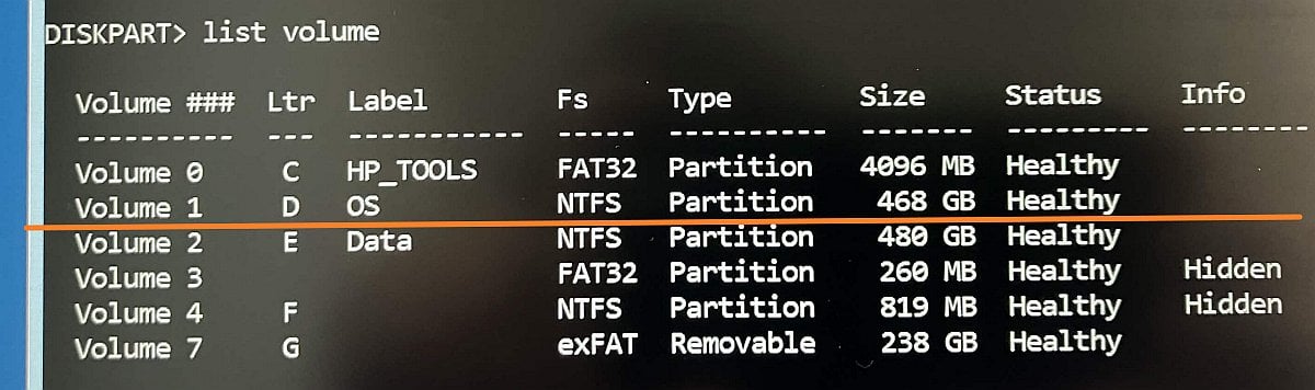 In this example, the Windows partition is Volume 1 with the letter D and the OS label
