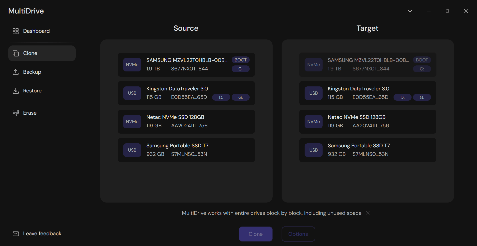 MultiDrive drive selection widget