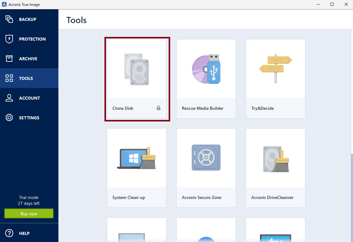 Cloning is disabled in the Acronis True Image trial