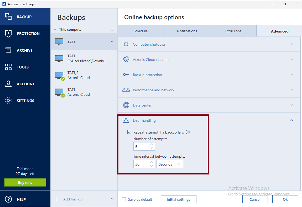 Acronis error handling