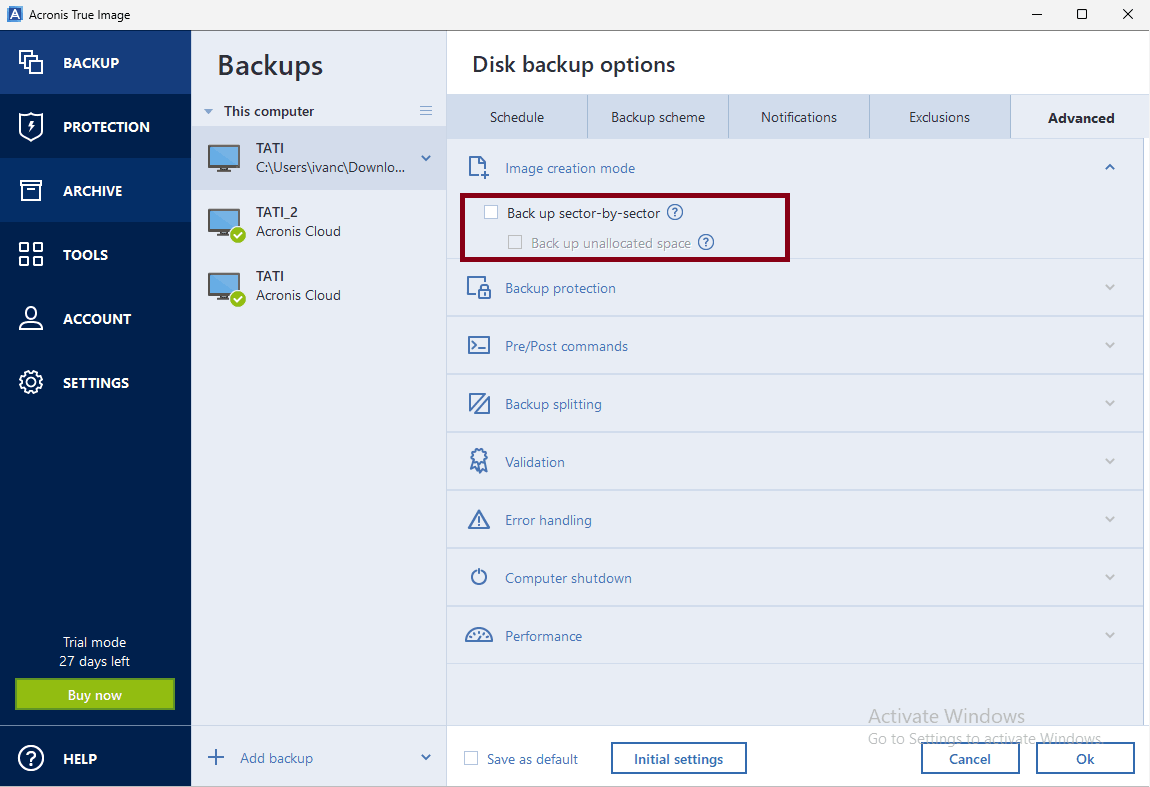 Acronis sector-by-sector setting in backup options