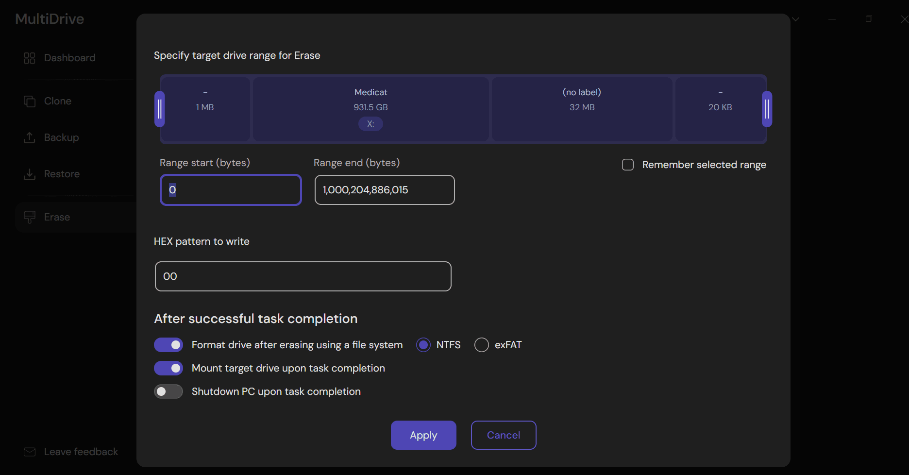 Multidrive Erase options: to choose overwrite pattern and range for wiping