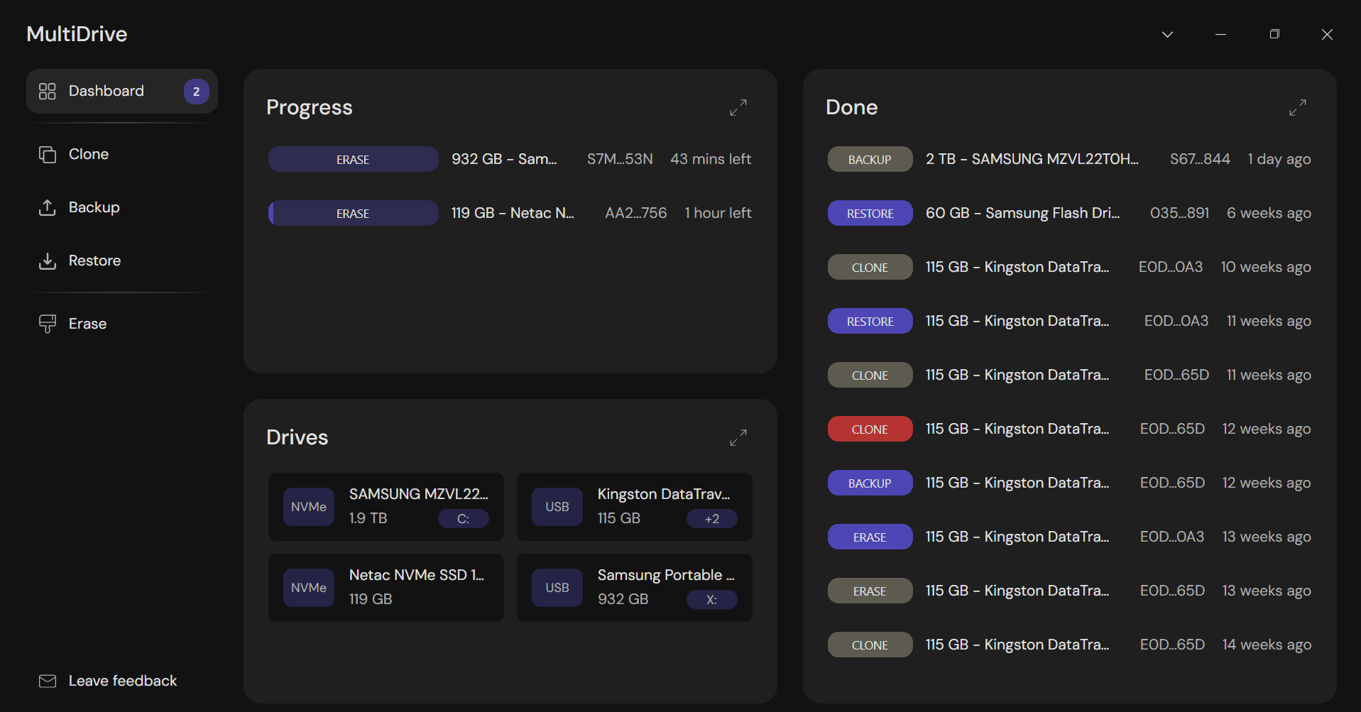 MultiDrive helps you wipe multiple drives at once