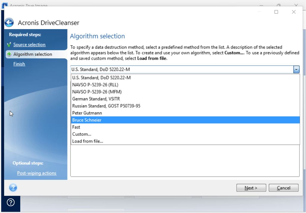 Acronis DriveCleanser wipe methods