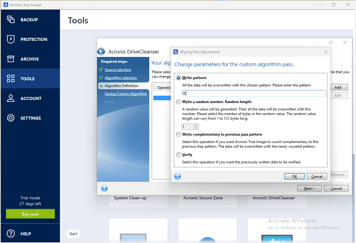 Custom wiping in Acronis True image