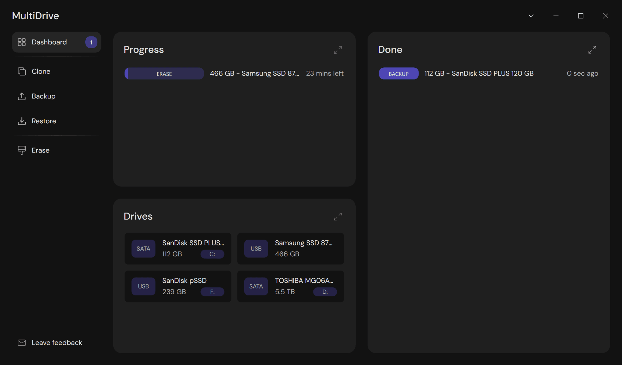 The MultiDrive window with the task menu on the left and the dashboard with the drive and task info on the right.