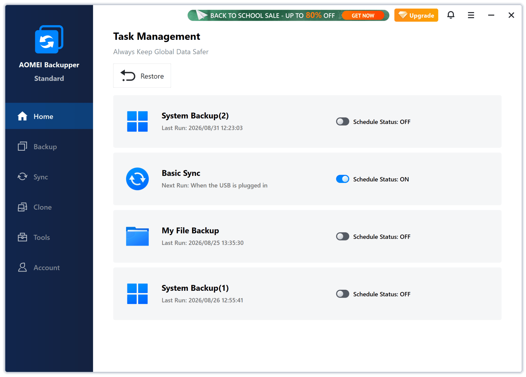 The AOMEI Backupper window with the task menu on the left and the Task Management dashboard on the right.