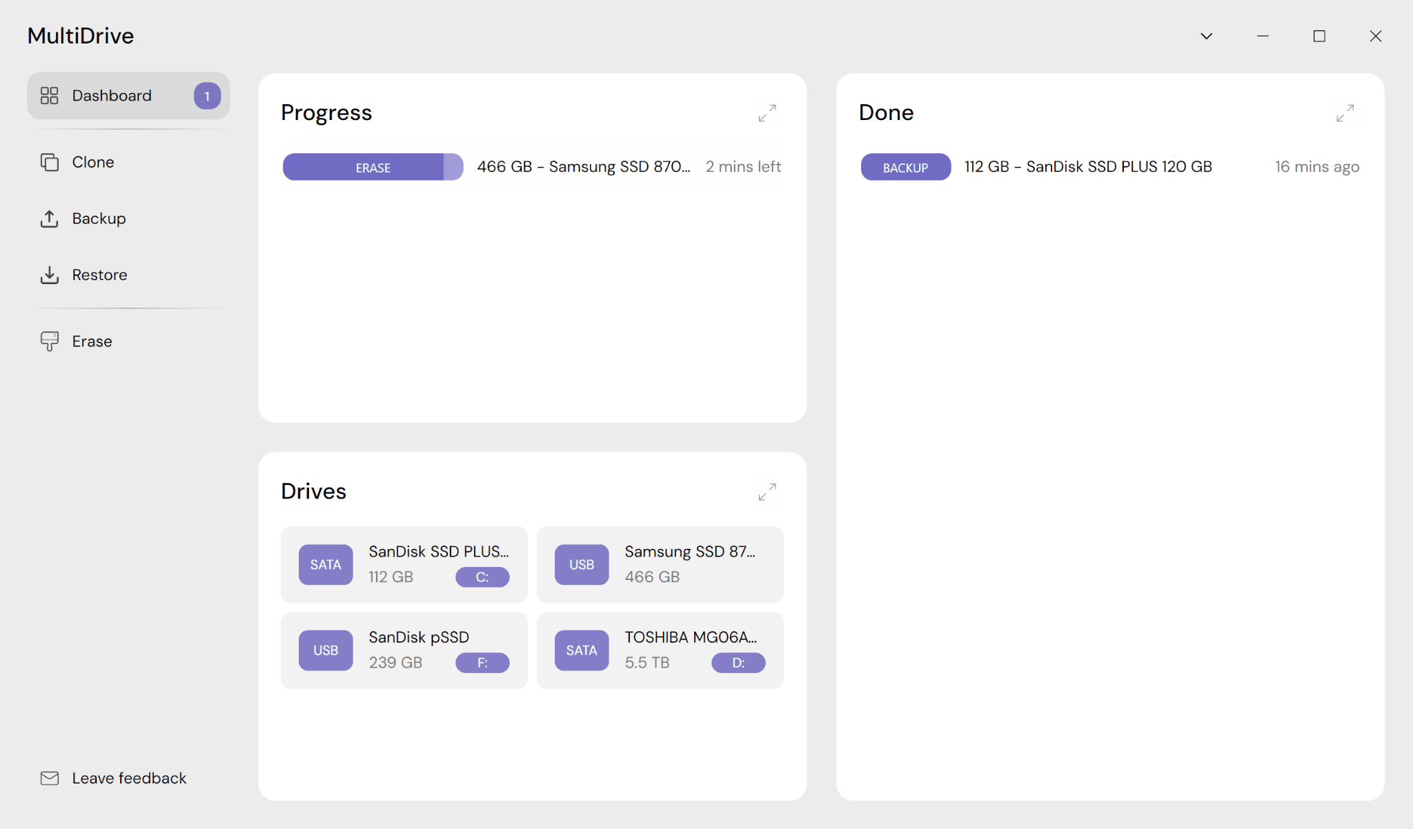 The MultiDrive light theme with light gray, white, and light purple colors.