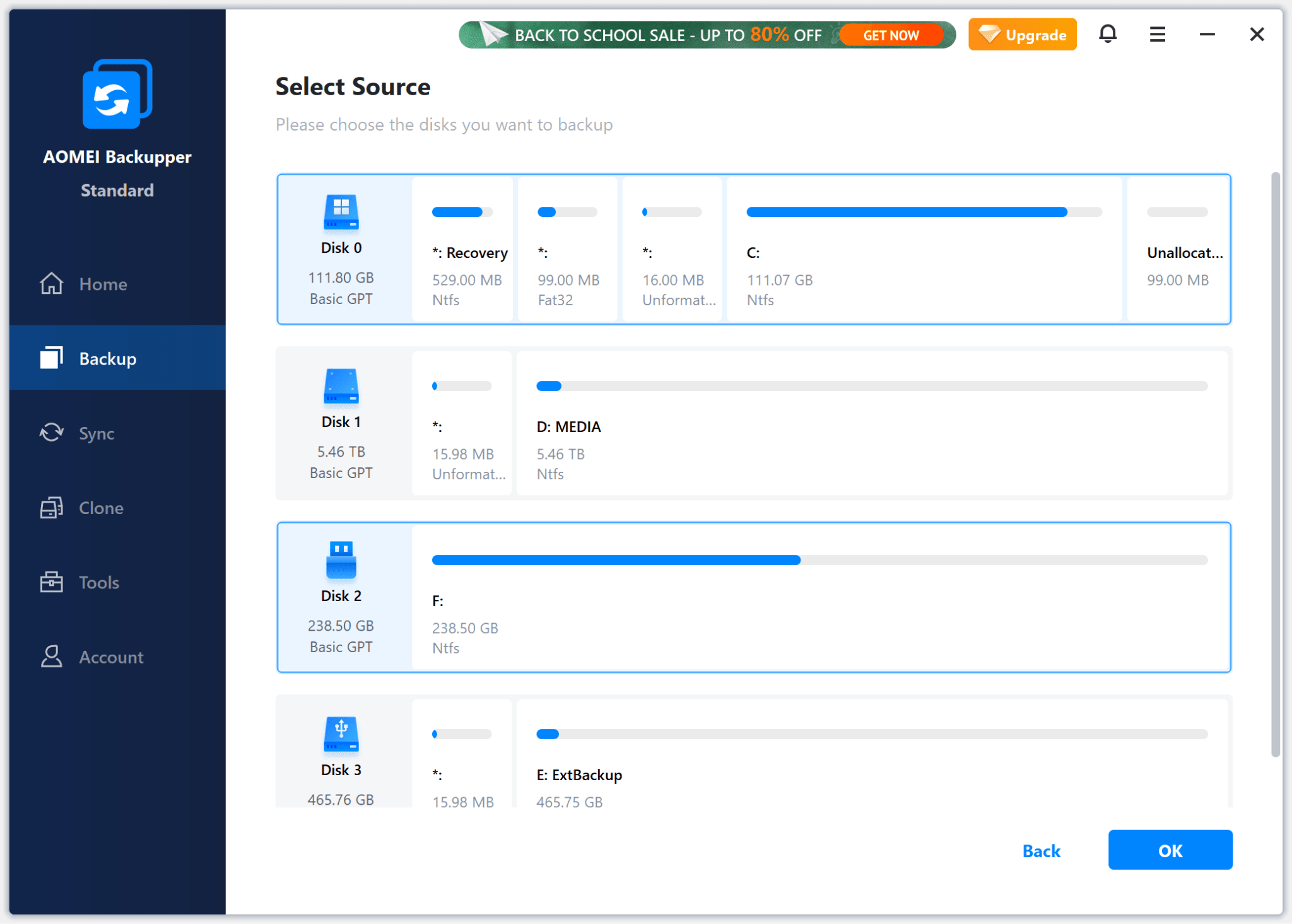Selecting multiple source drives for backup in AOMEI Backupper.
