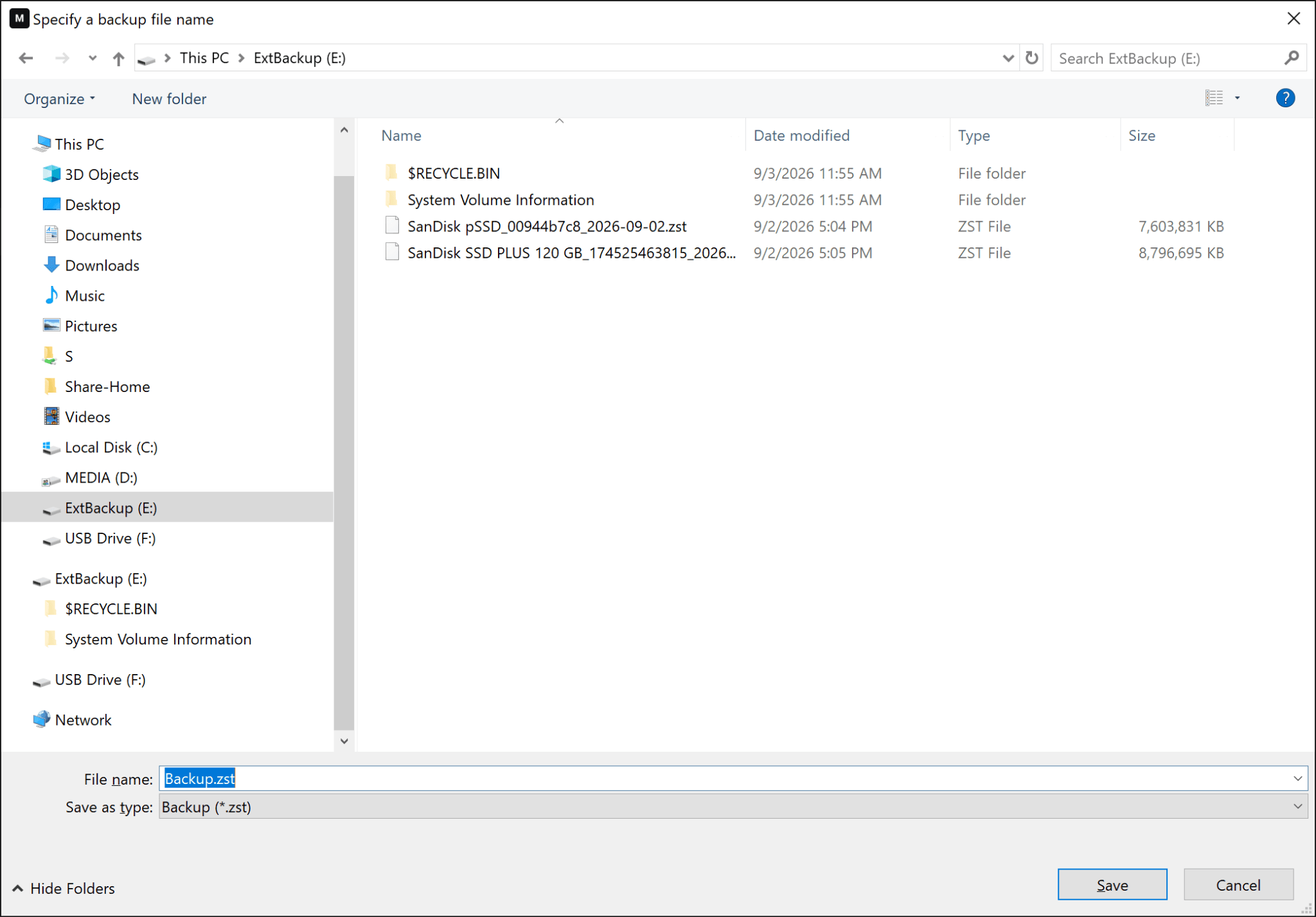 MultiDrive uses the standard File Explorer interface to specify a backup file location and name.