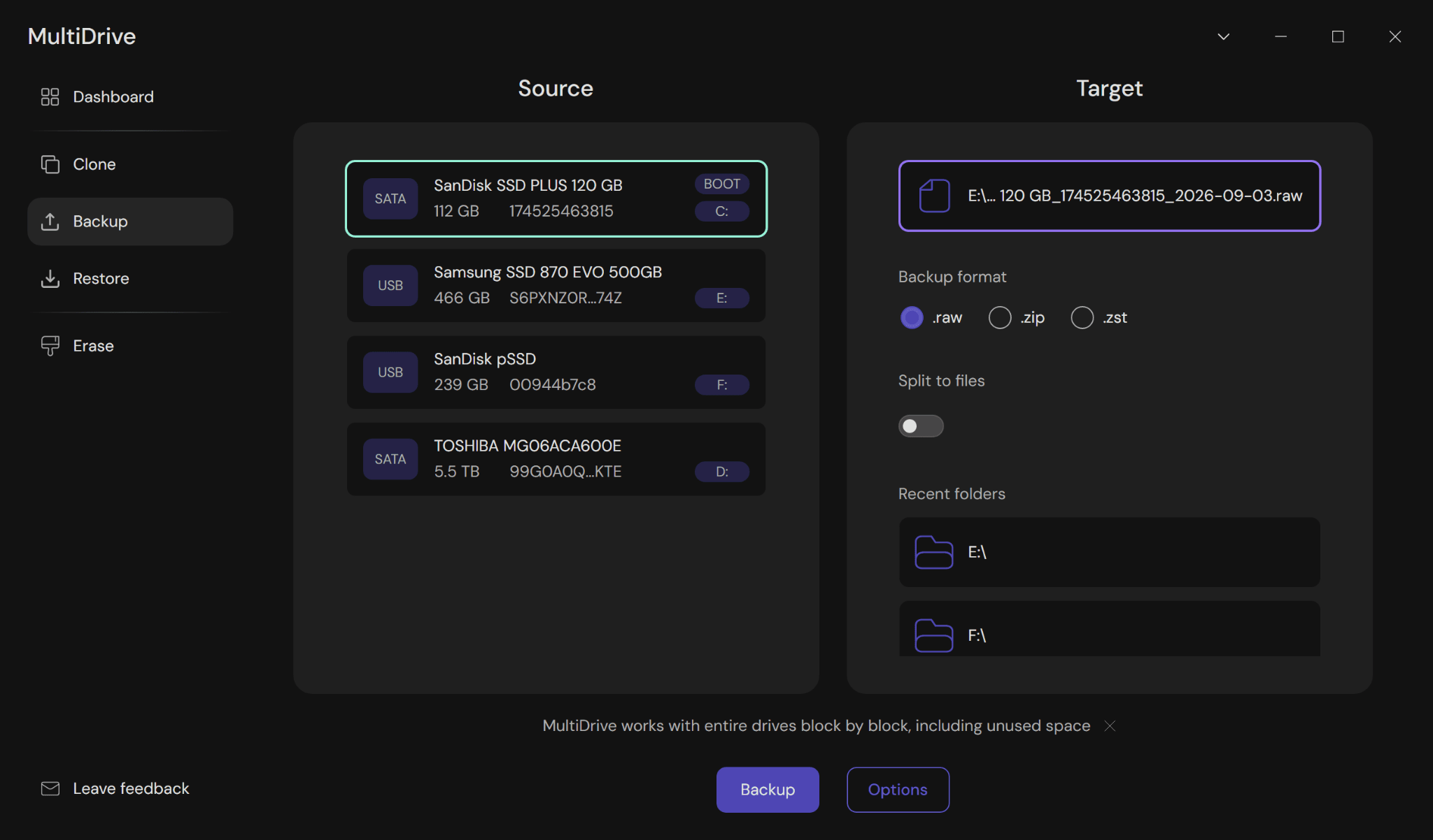 Selecting the backup format in MultiDrive from three options: RAW, ZIP, or ZST.