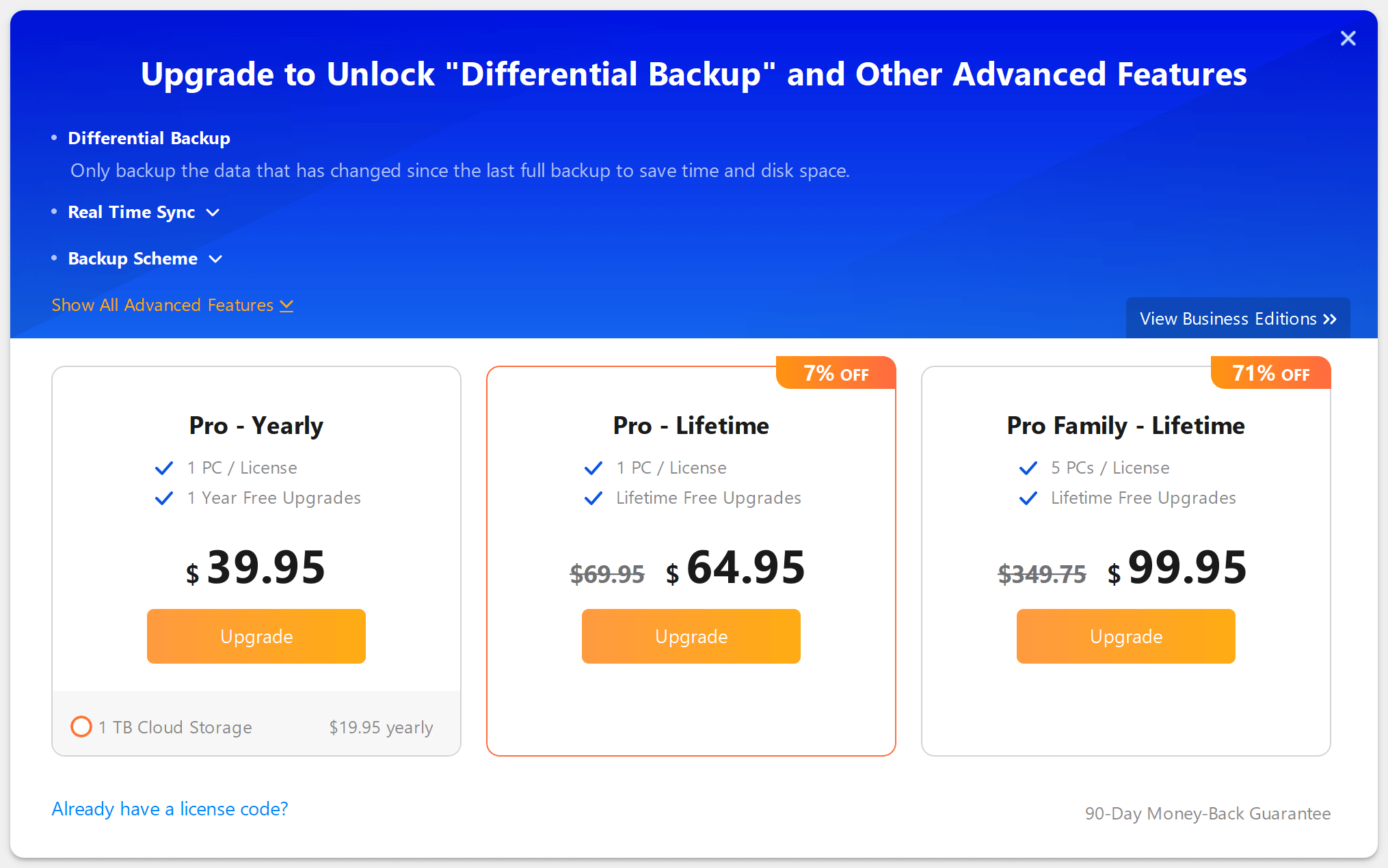 AOMEI Backupper urges the user to upgrade to a paid version in order to unlock differential backup.