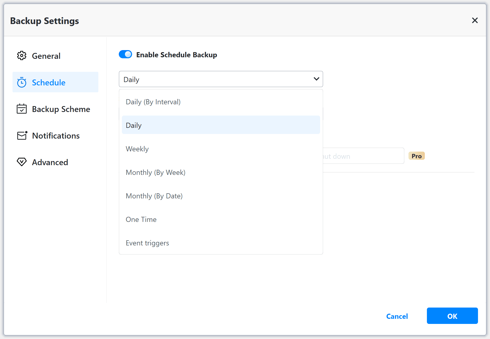 The backup scheduling options in AOMEI Backupper.