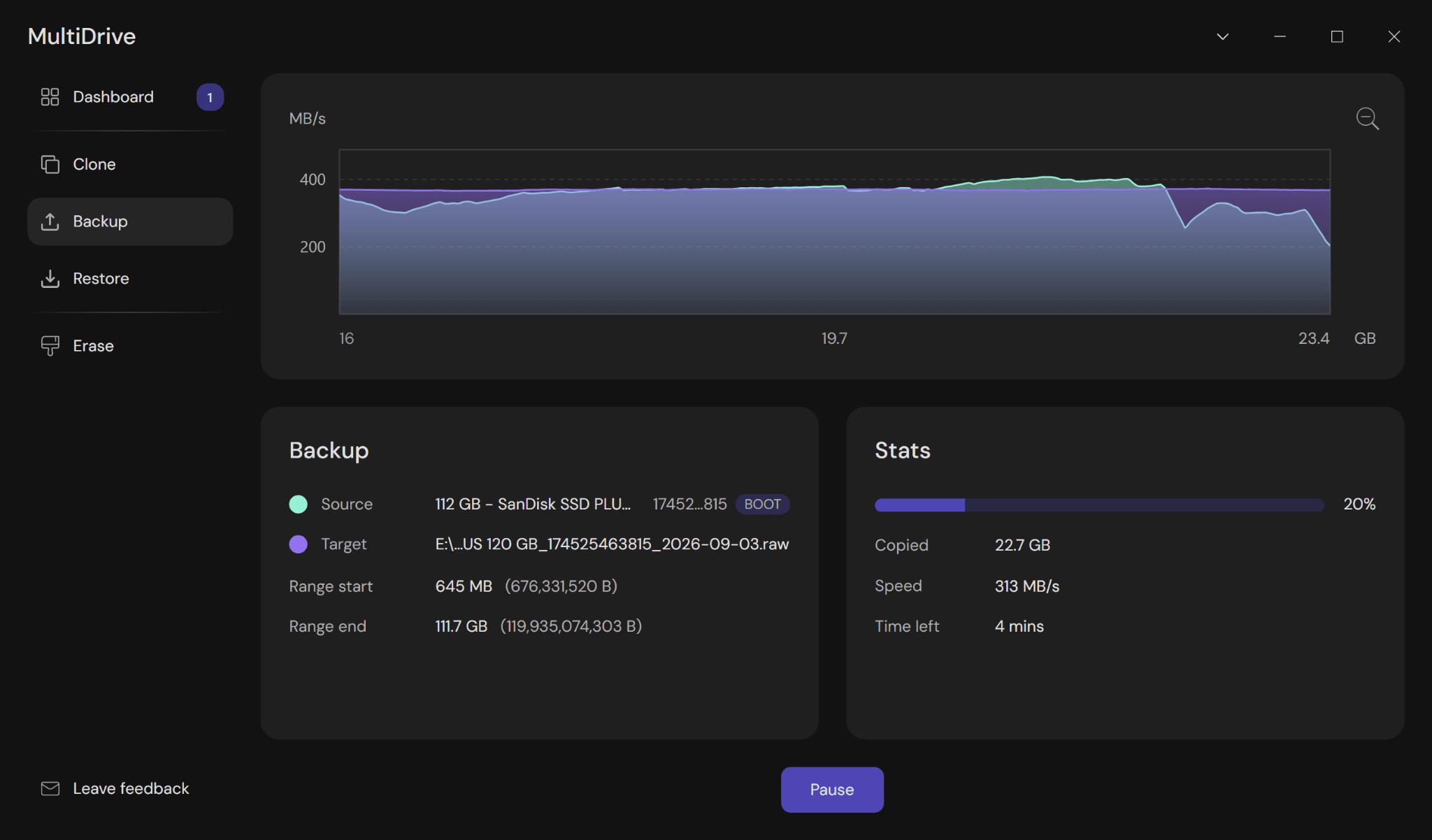 The backup progress screen in MultiDrive.