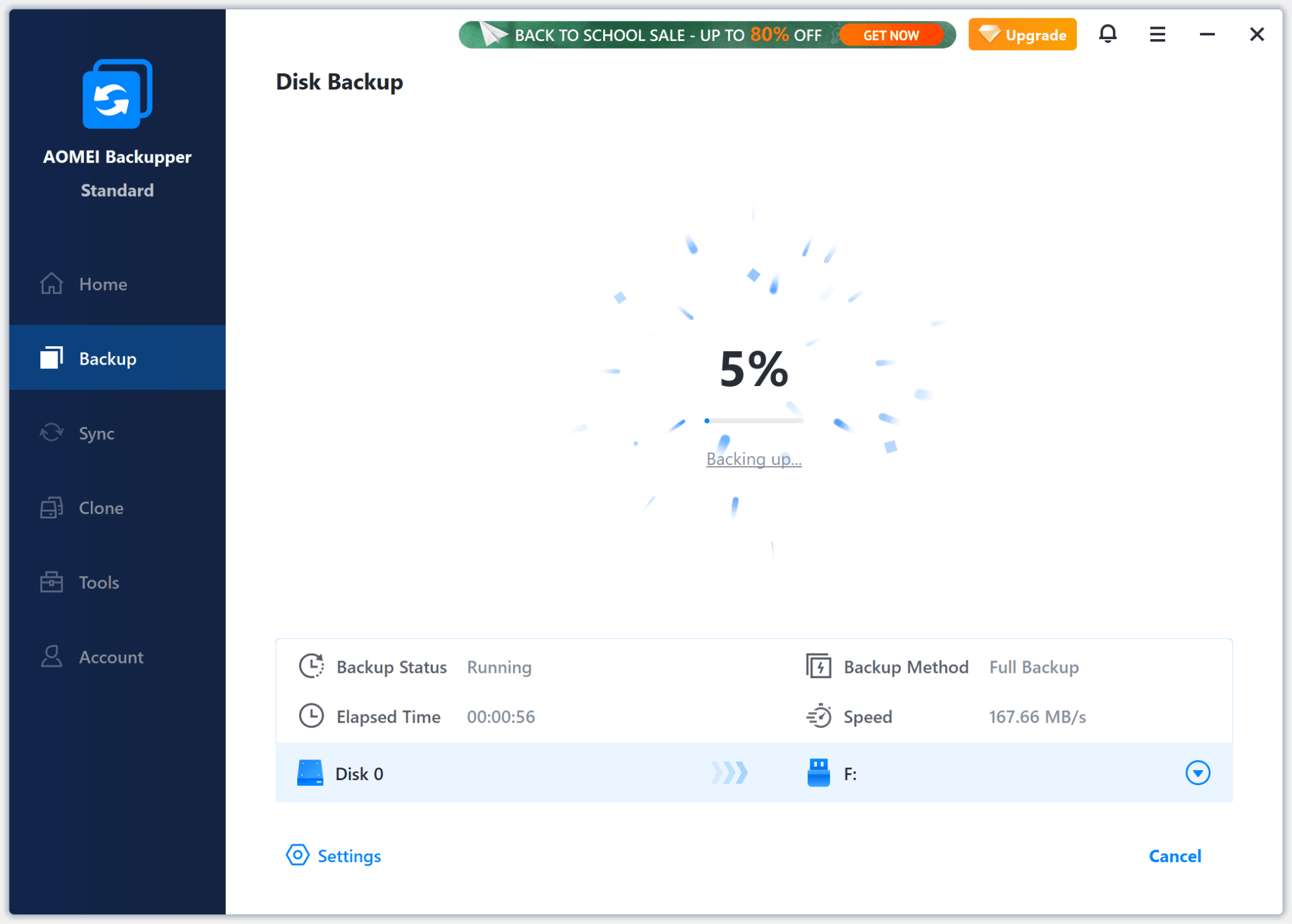 The backup progress screen in AOMEI Backupper.