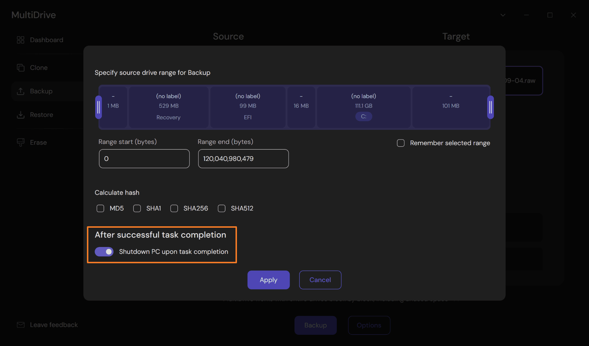 Enabling the “Shutdown PC…” option in MultiDrive.