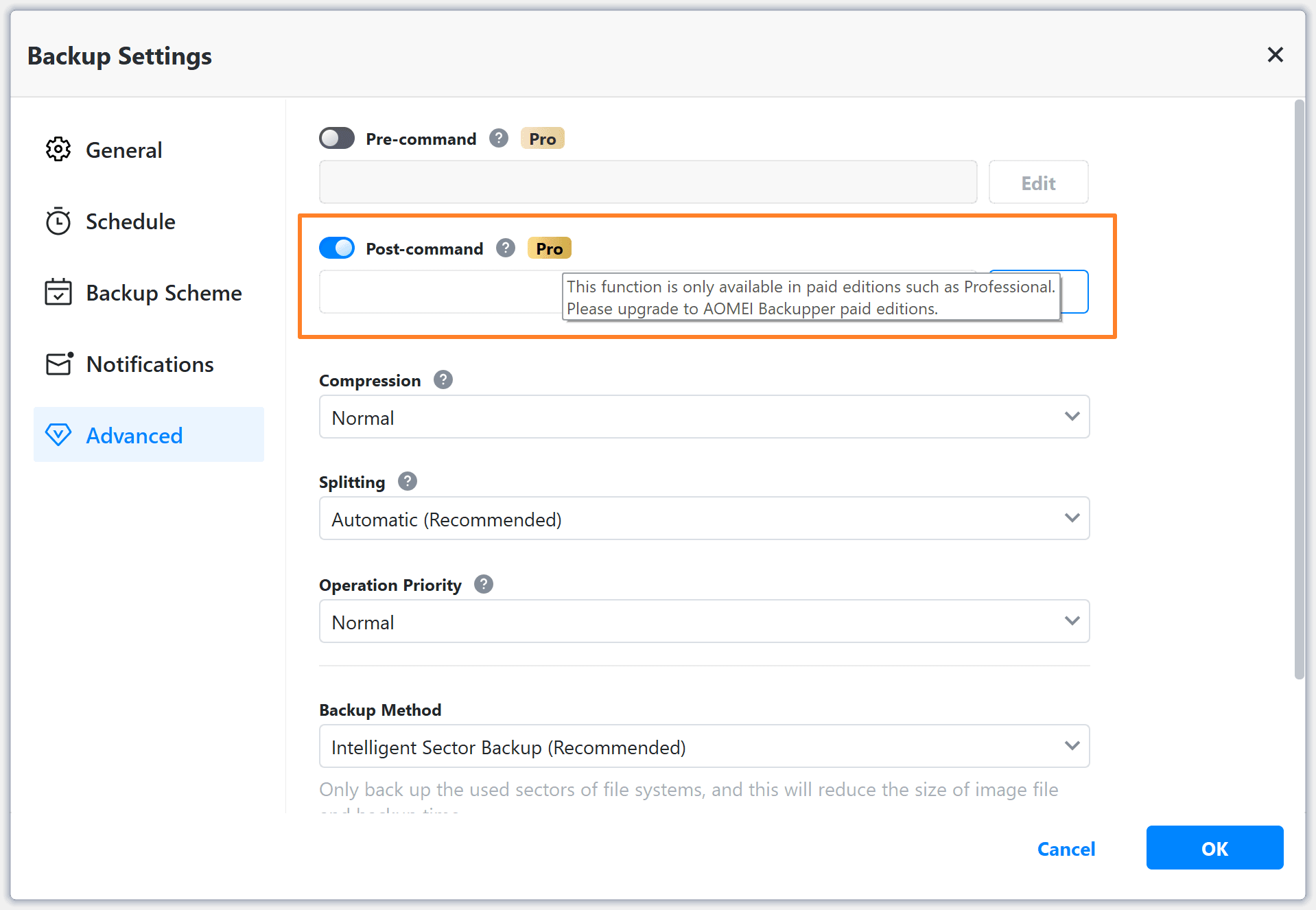 The Post-command option in the advanced backup settings of AOMEI Backupper.