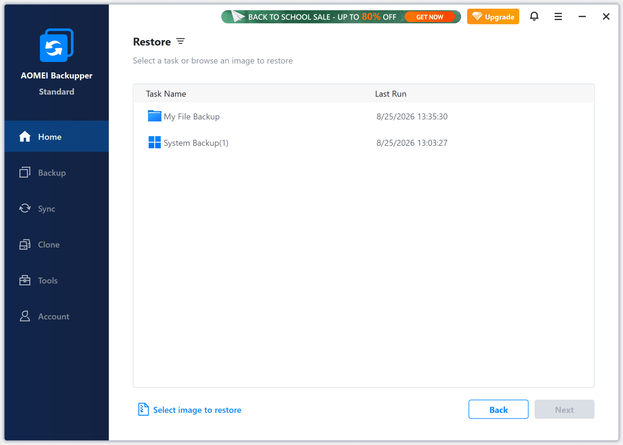 Selecting a backup to restore in AOMEI Backupper.