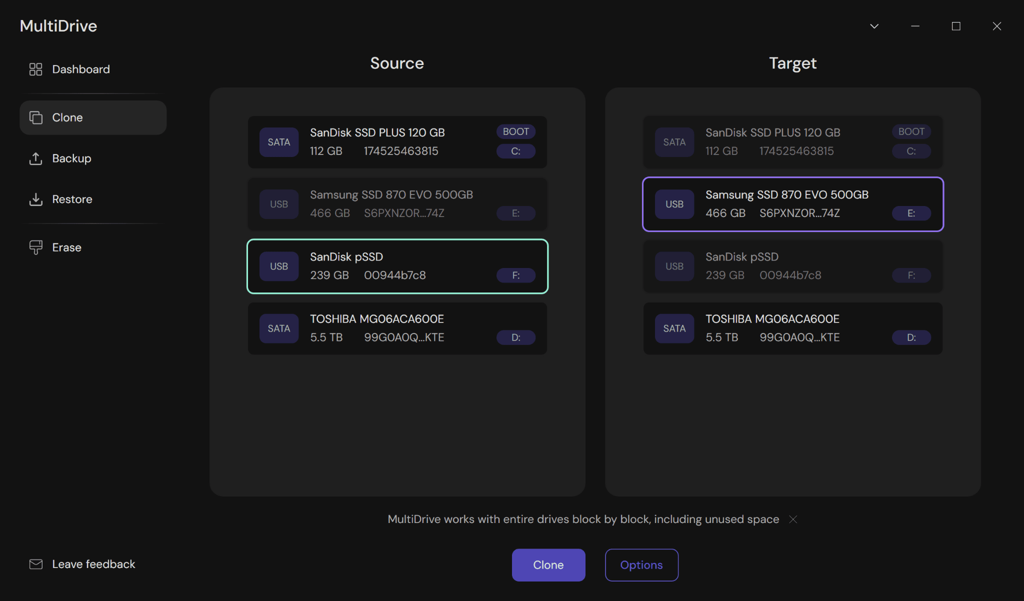Selecting a drive to clone in MultiDrive.