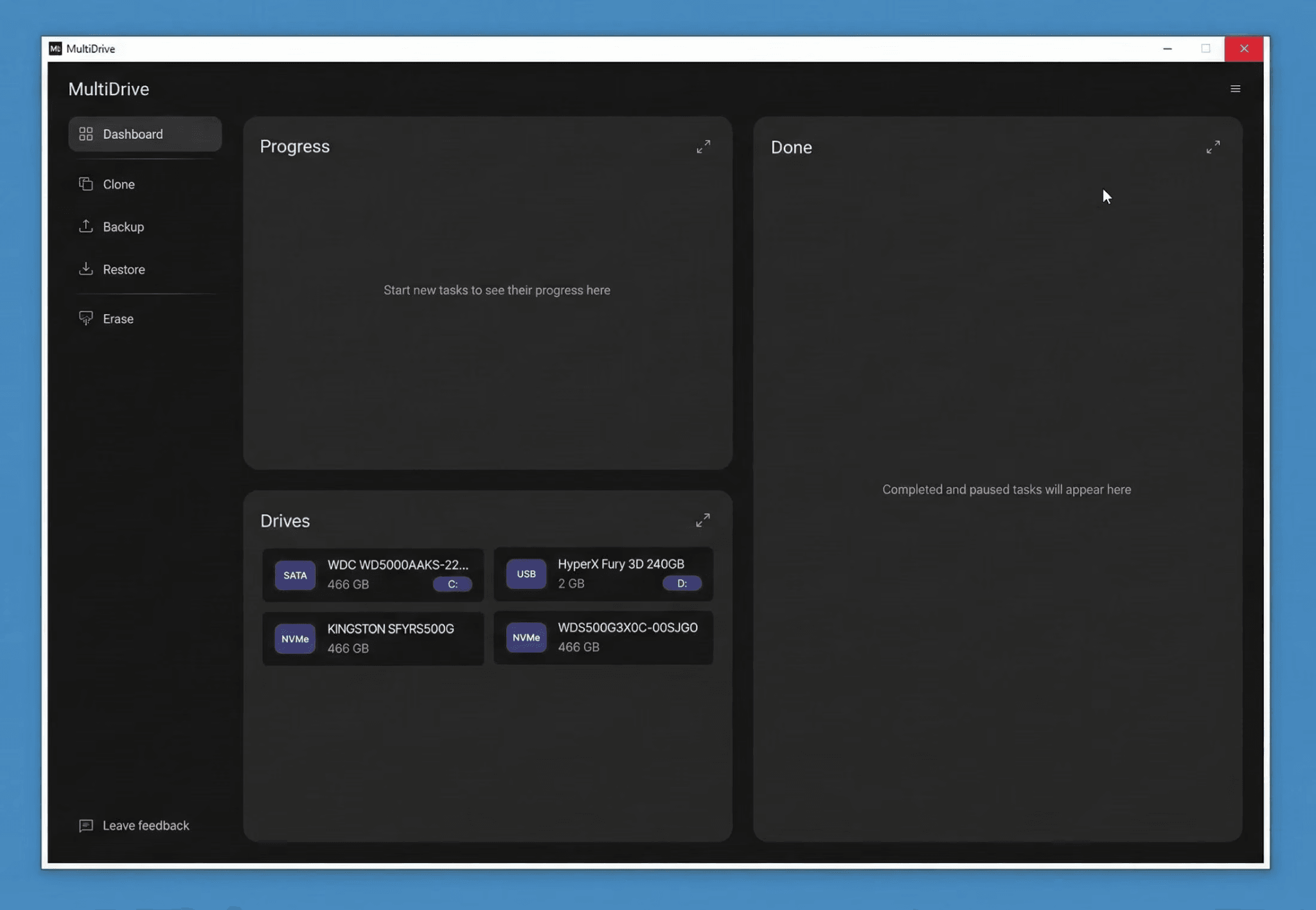 MultiDrive launched from a bootable USB drive in WinPE.