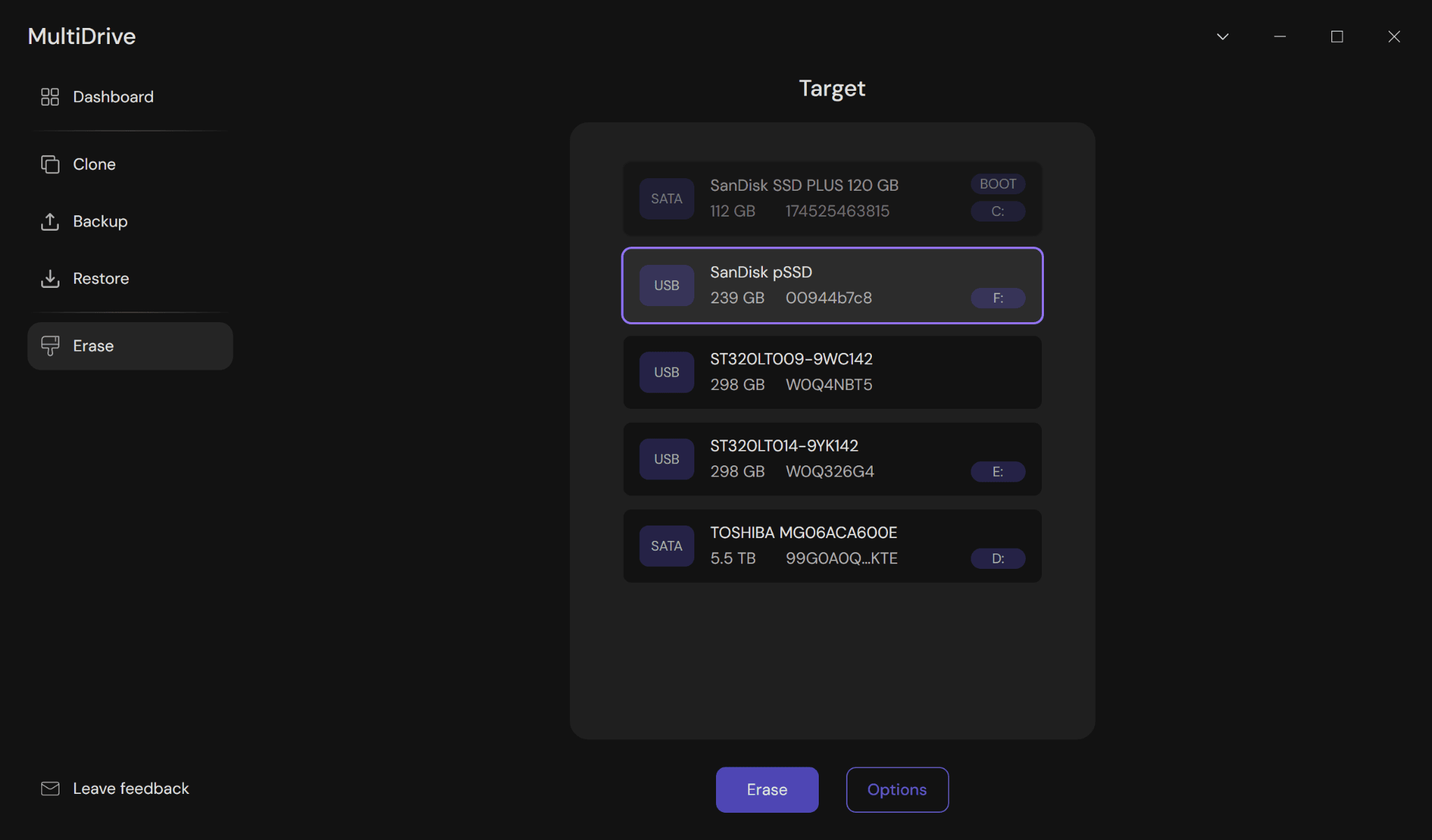 Selecting a drive to completely erase in MultiDrive.