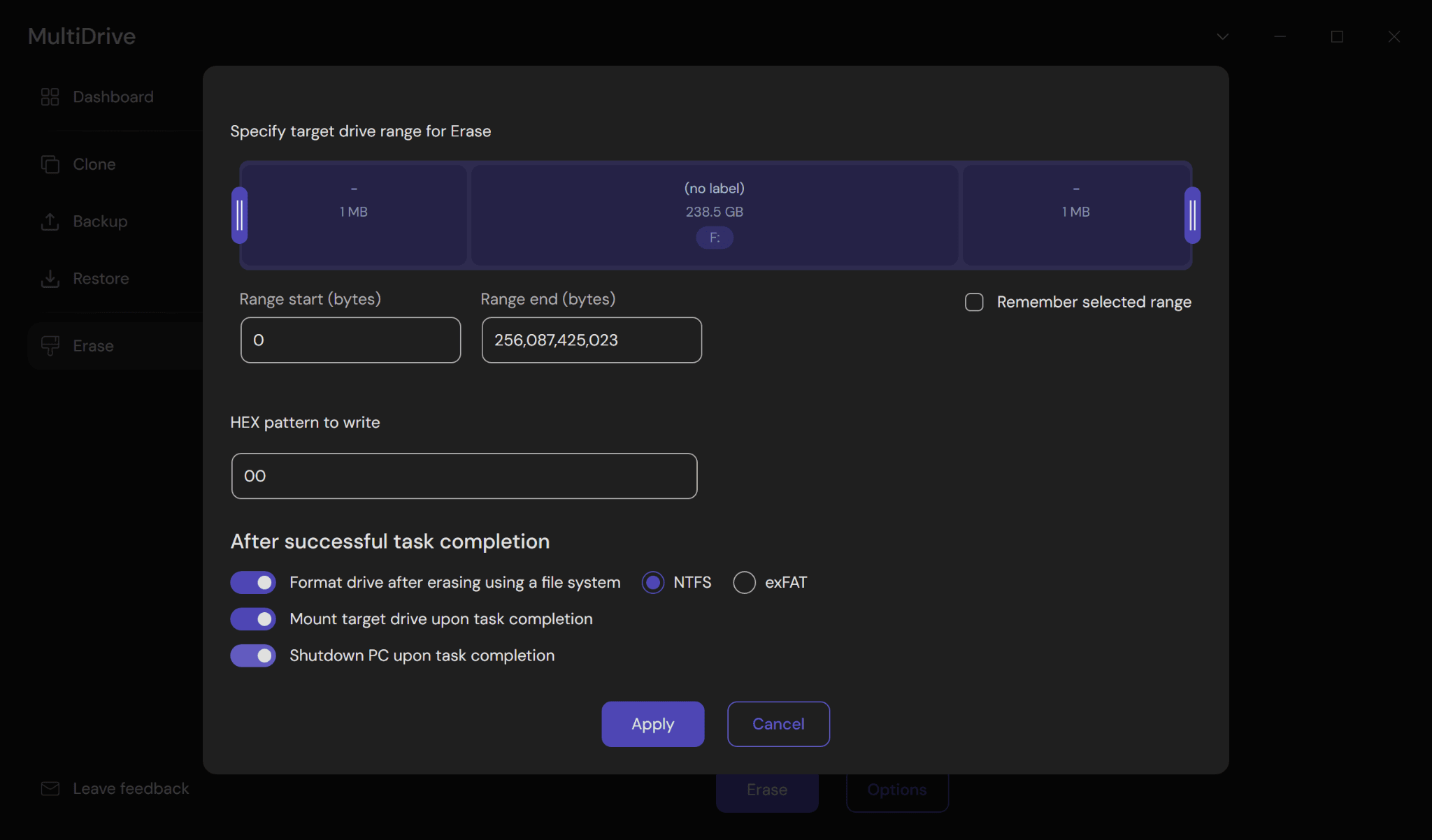 The available options for a drive wiping task in MultiDrive.