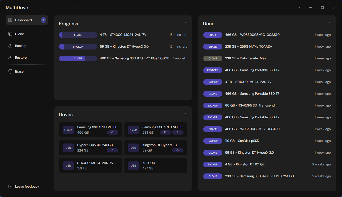 Erase, backup, and clone tasks run in parallel in MultiDrive.