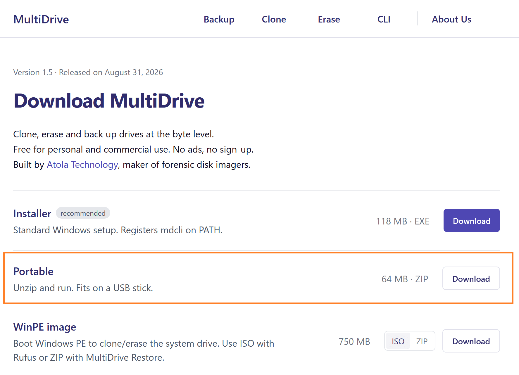 The portable version is available for free download on the MultiDrive website.
