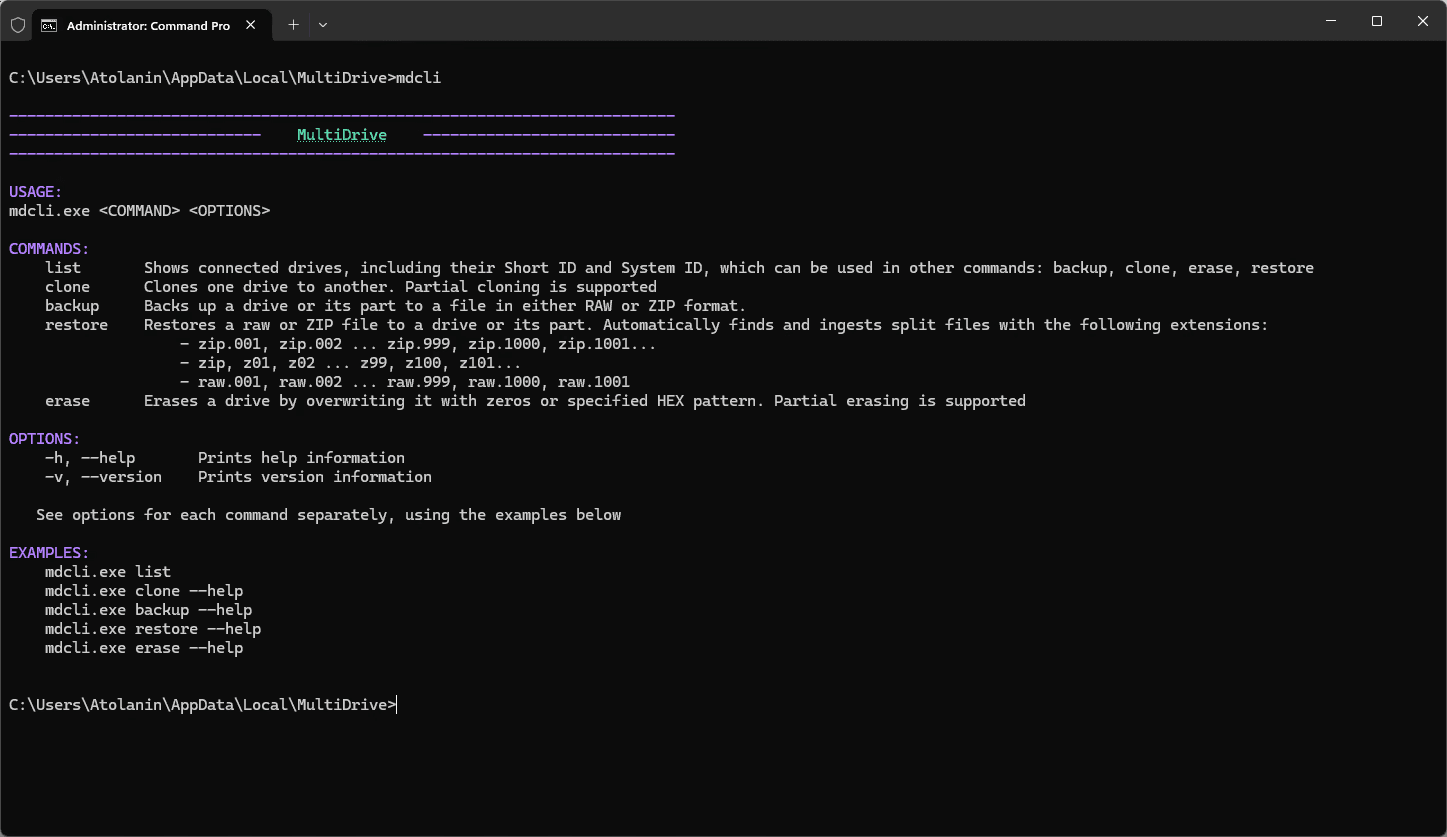 MultiDrive’s command-line interface.