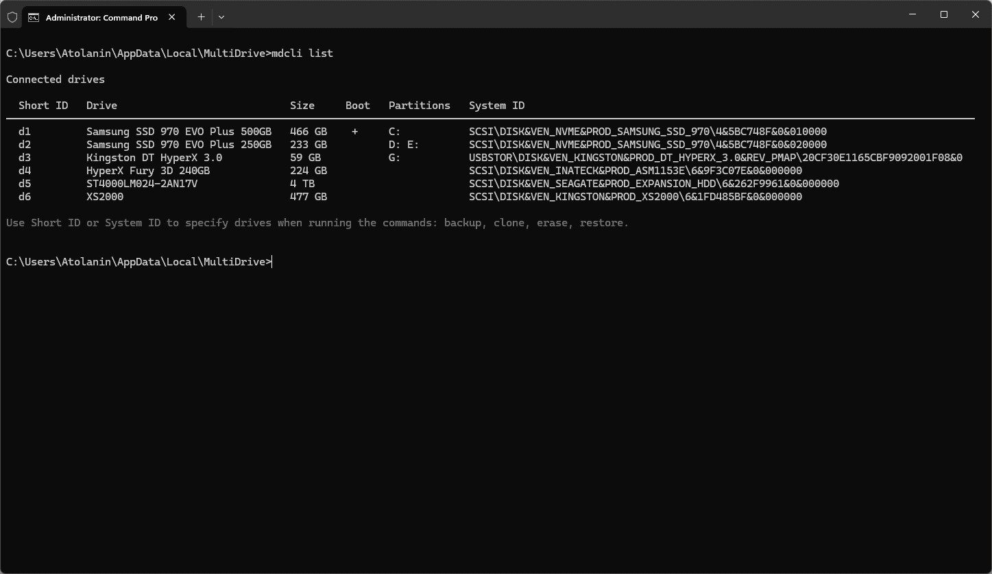 MultiDrive CLI list command output - connected drives