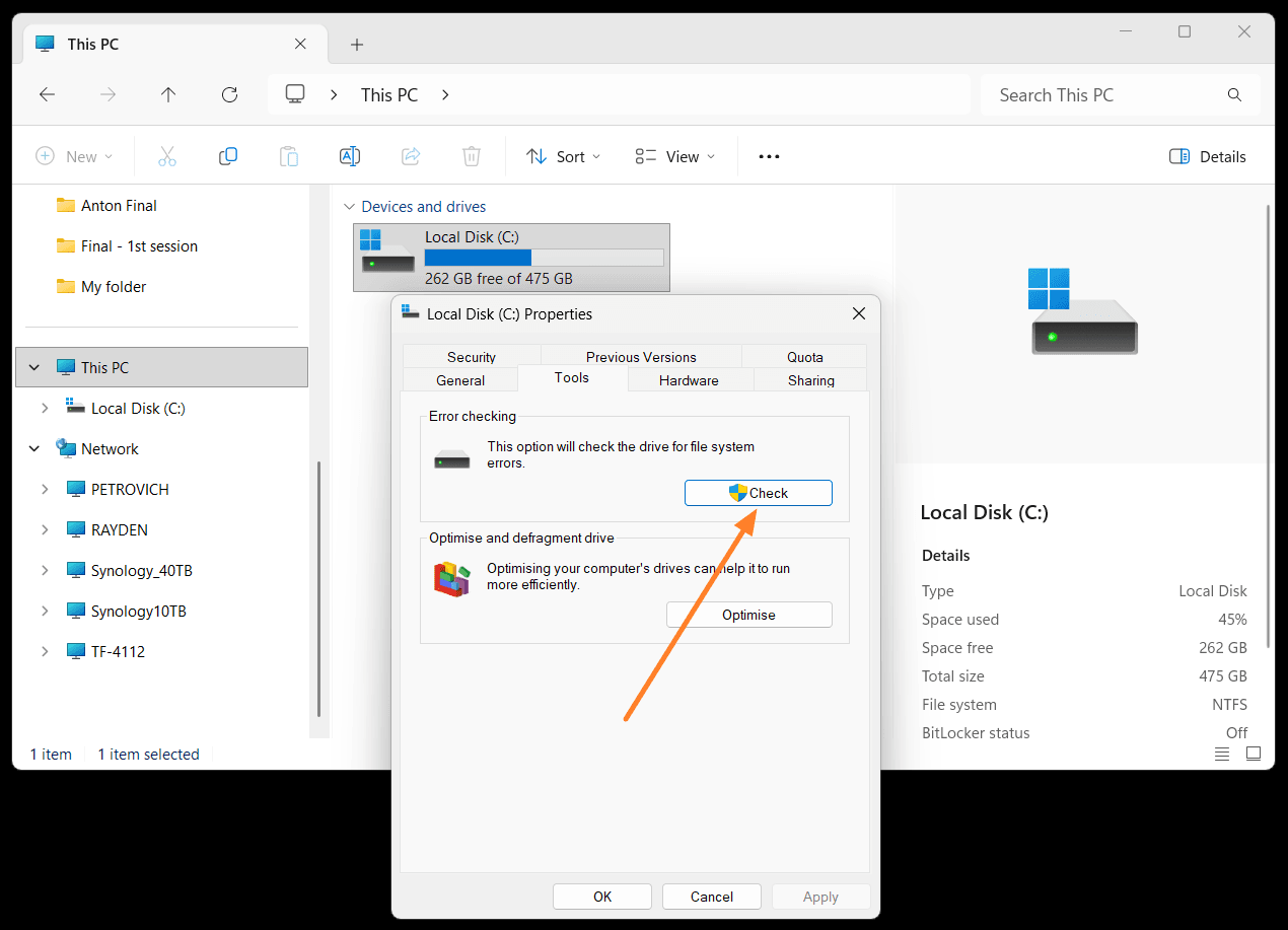 Windows drive Properties Tools tab with Check for error checking